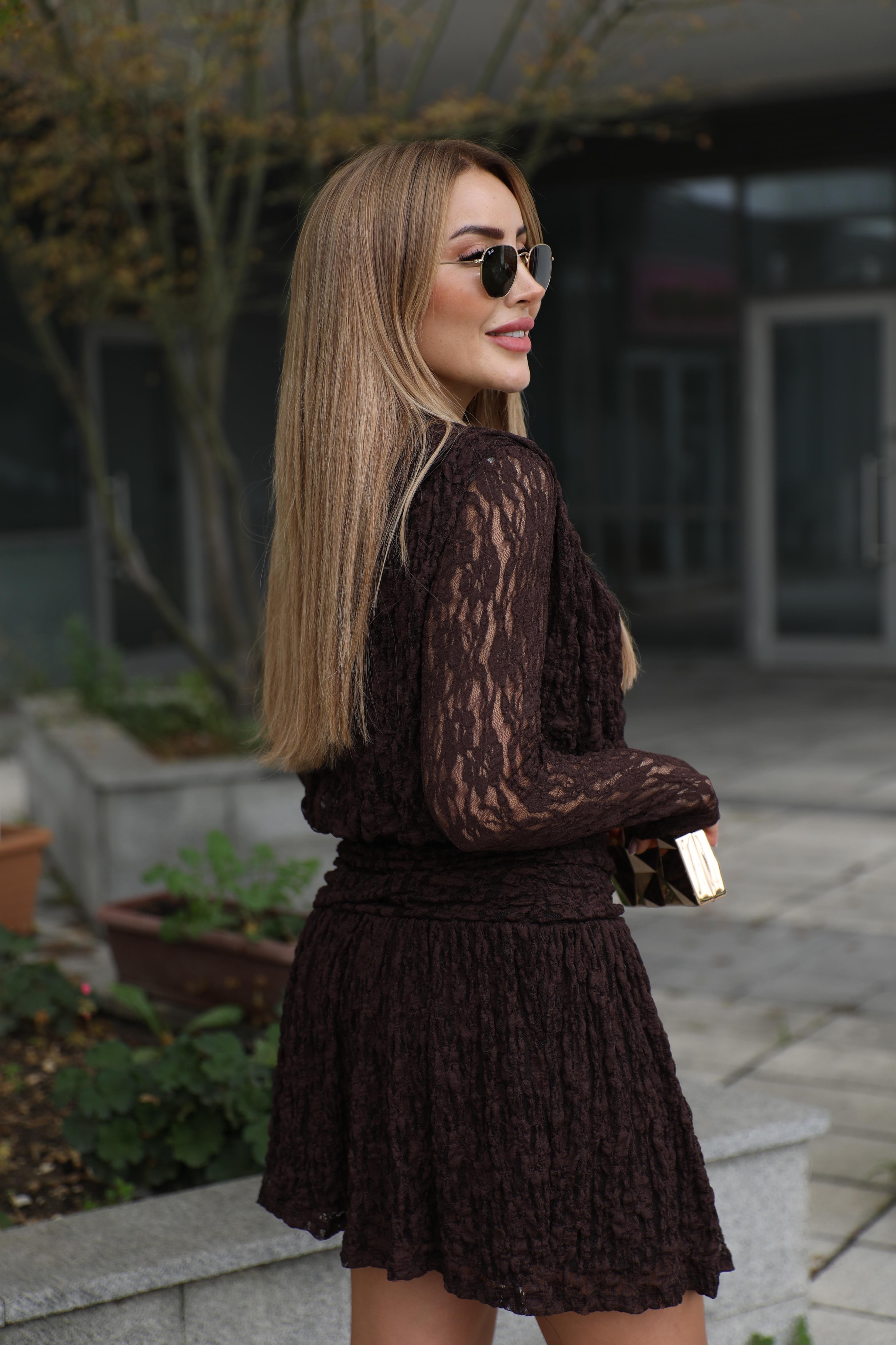 Kahve Dantel Drapeli Elbise 