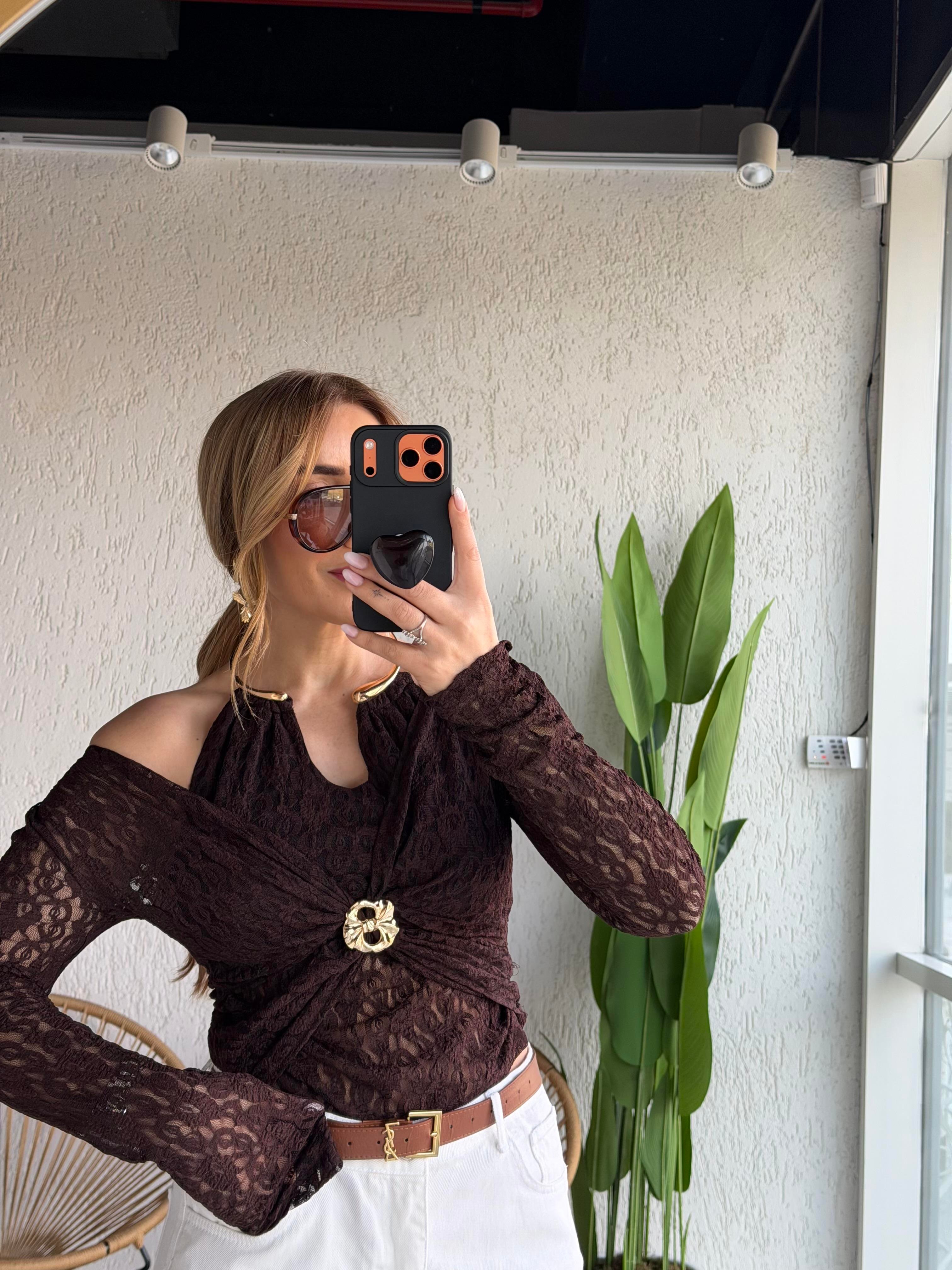 Kahve Dantel Tasarım Gold Detaylı Bluz