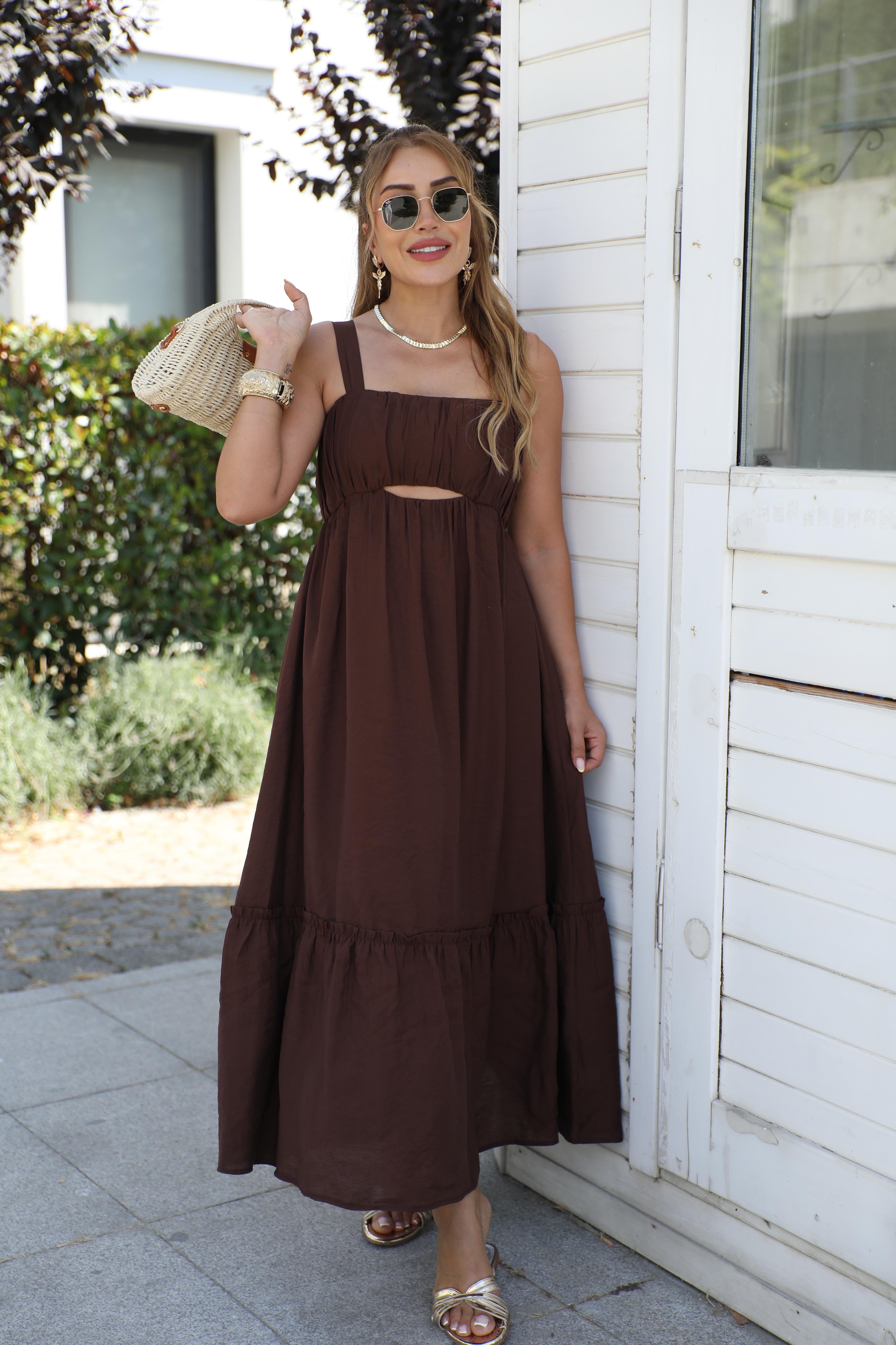 Kahve Dekolteli Askılı Elbise