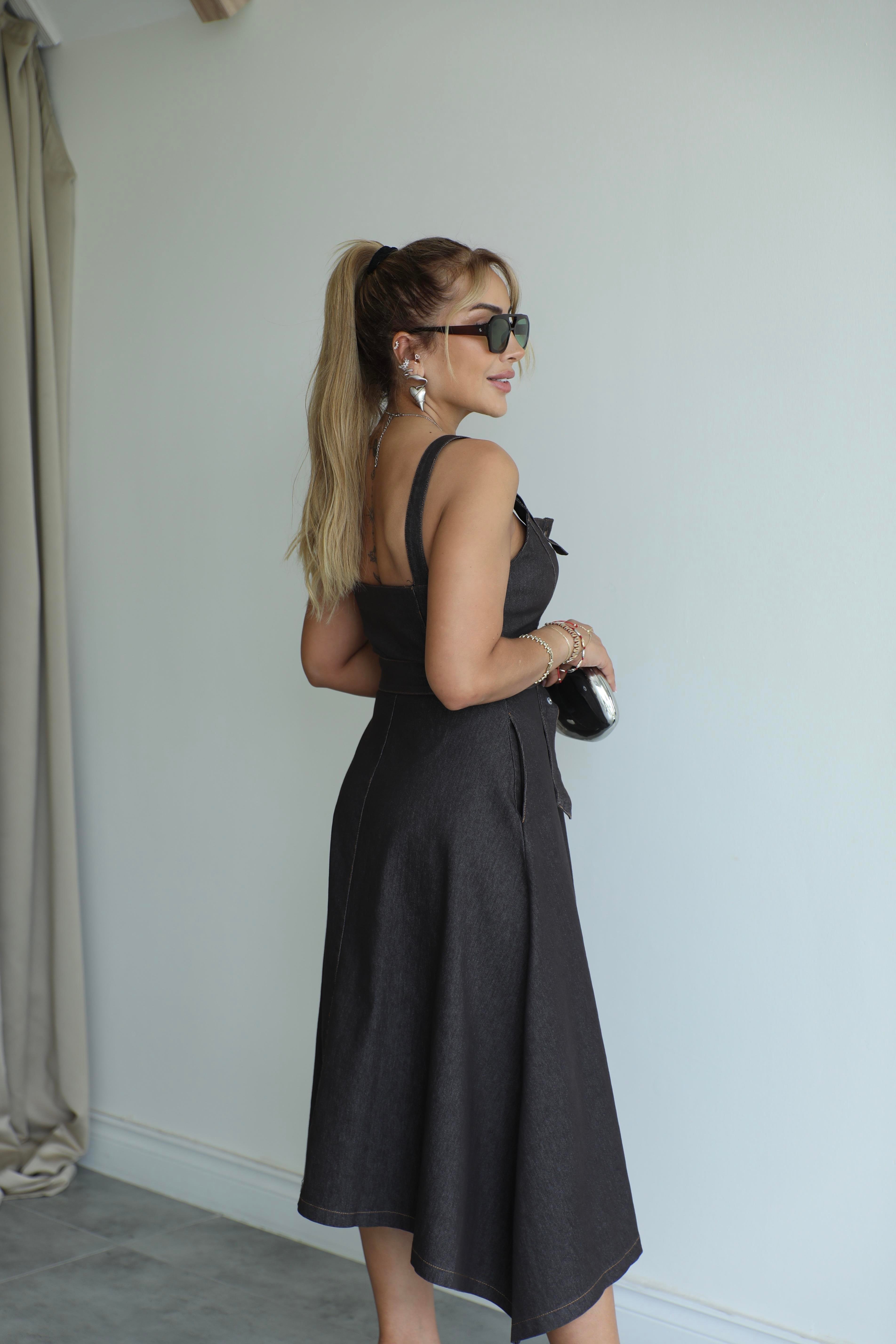 Kahve Denim Asimetrik Elbise 