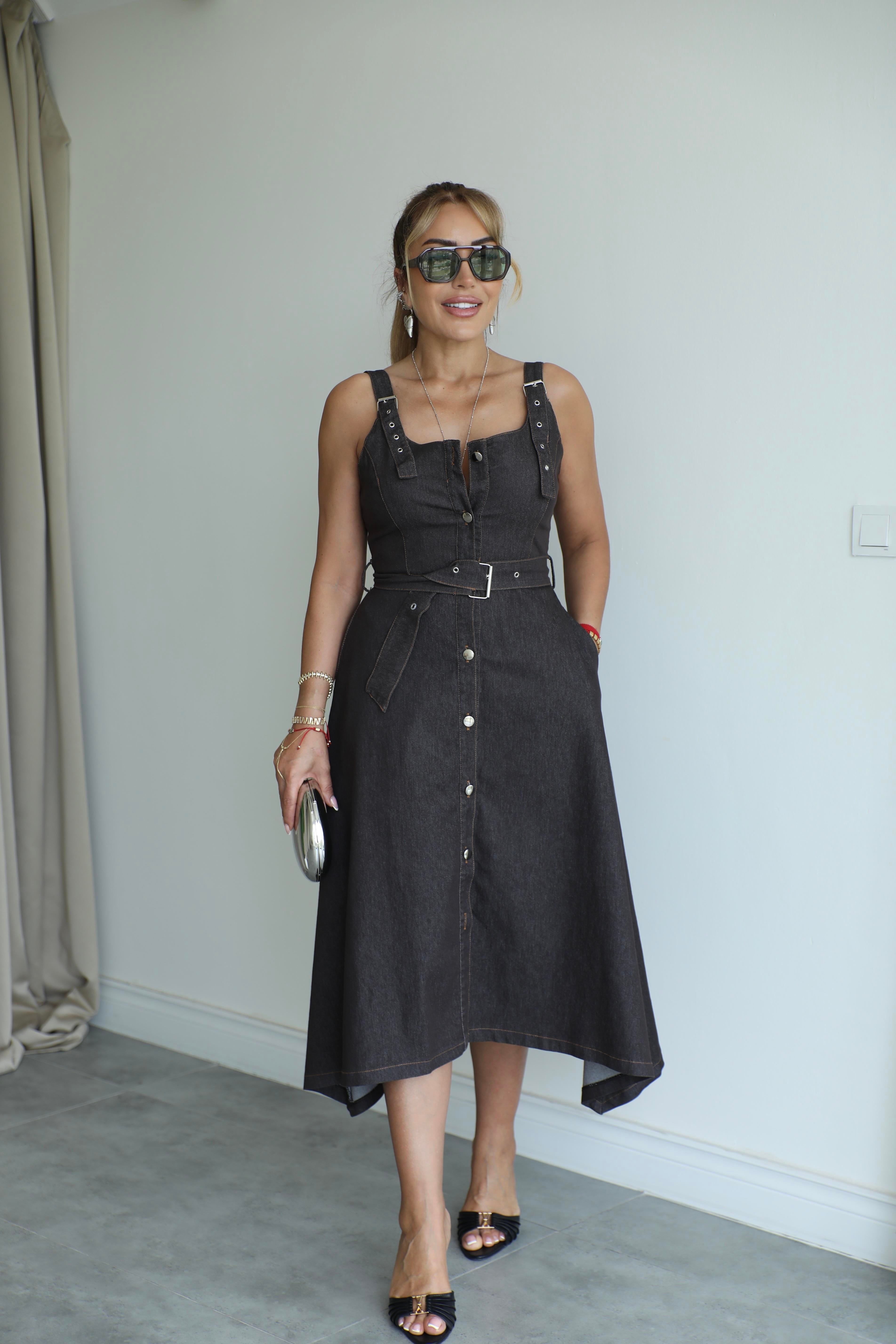 Kahve Denim Asimetrik Elbise 