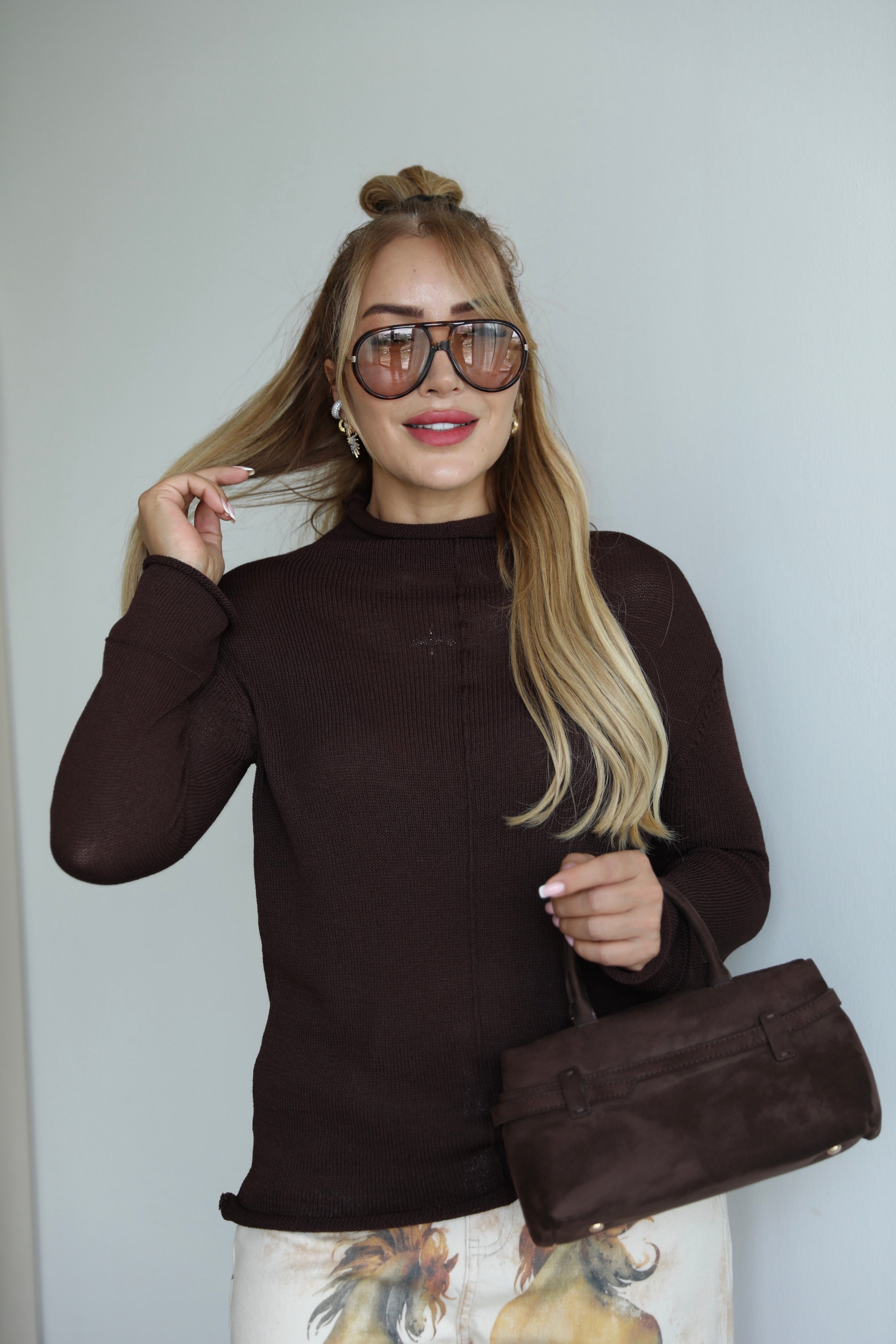Kahve Dokulu Yarım Balıkçı MD Triko