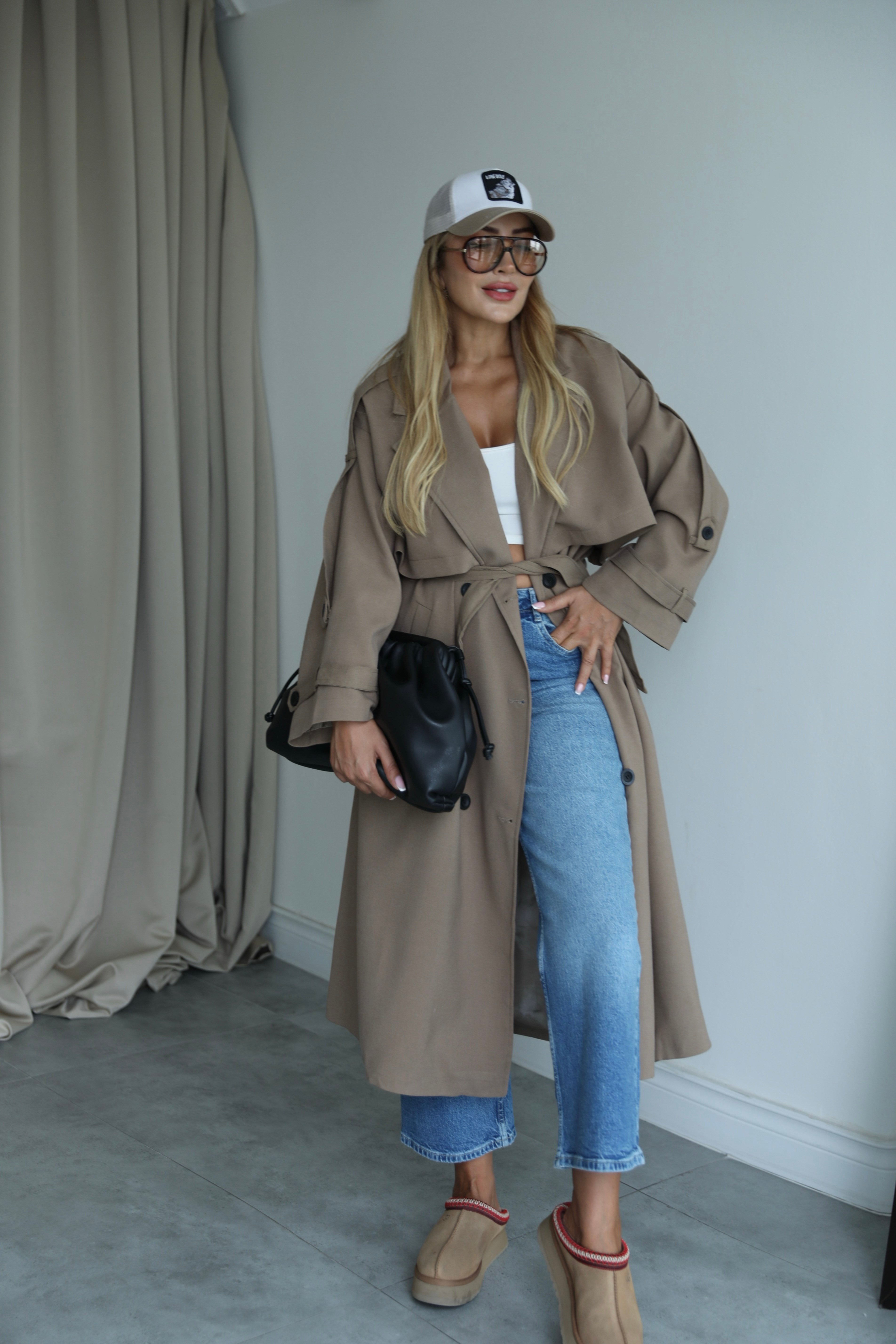 Kahve Dokuma Oversize Trençkot