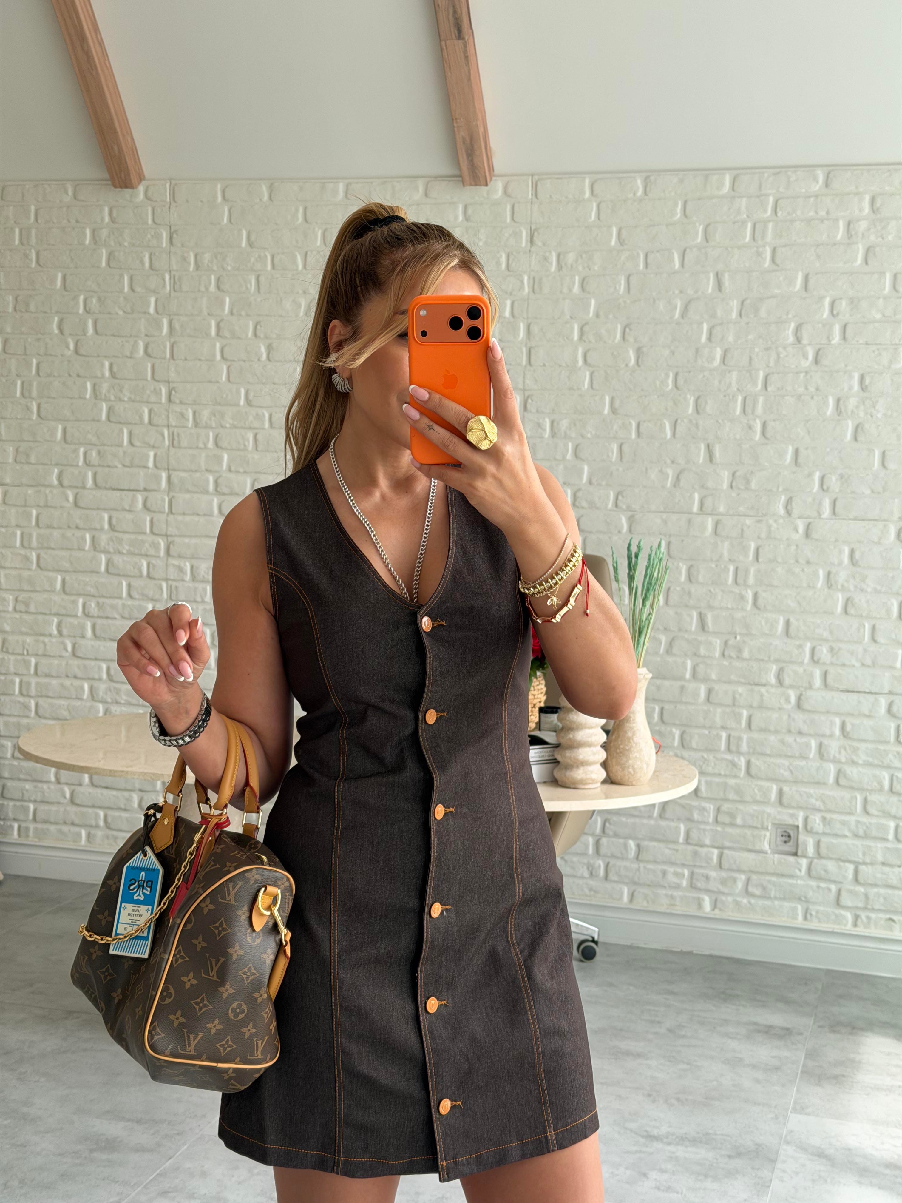 Kahve Düğmeli Denim Elbise