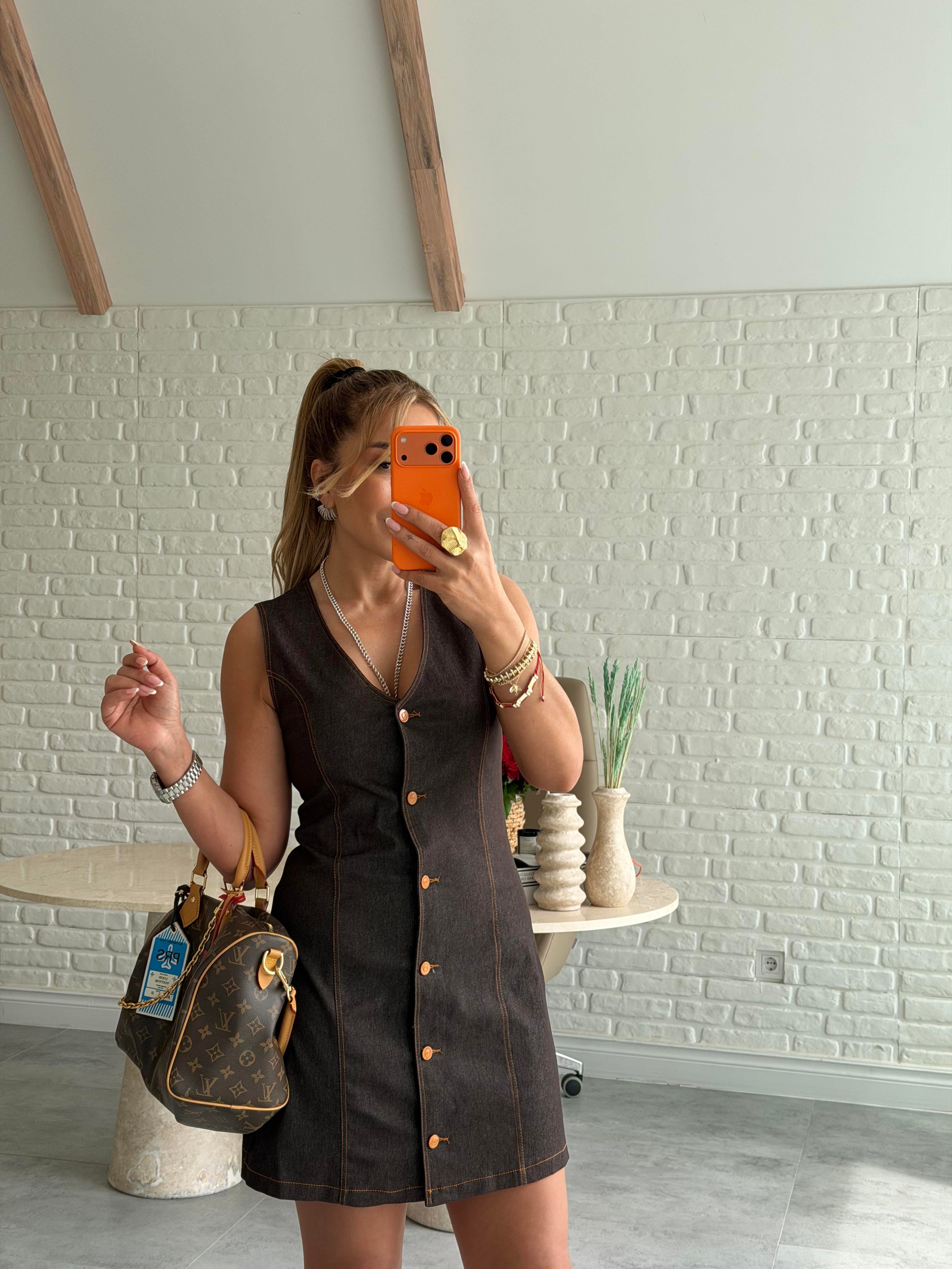 Kahve Düğmeli Denim Elbise