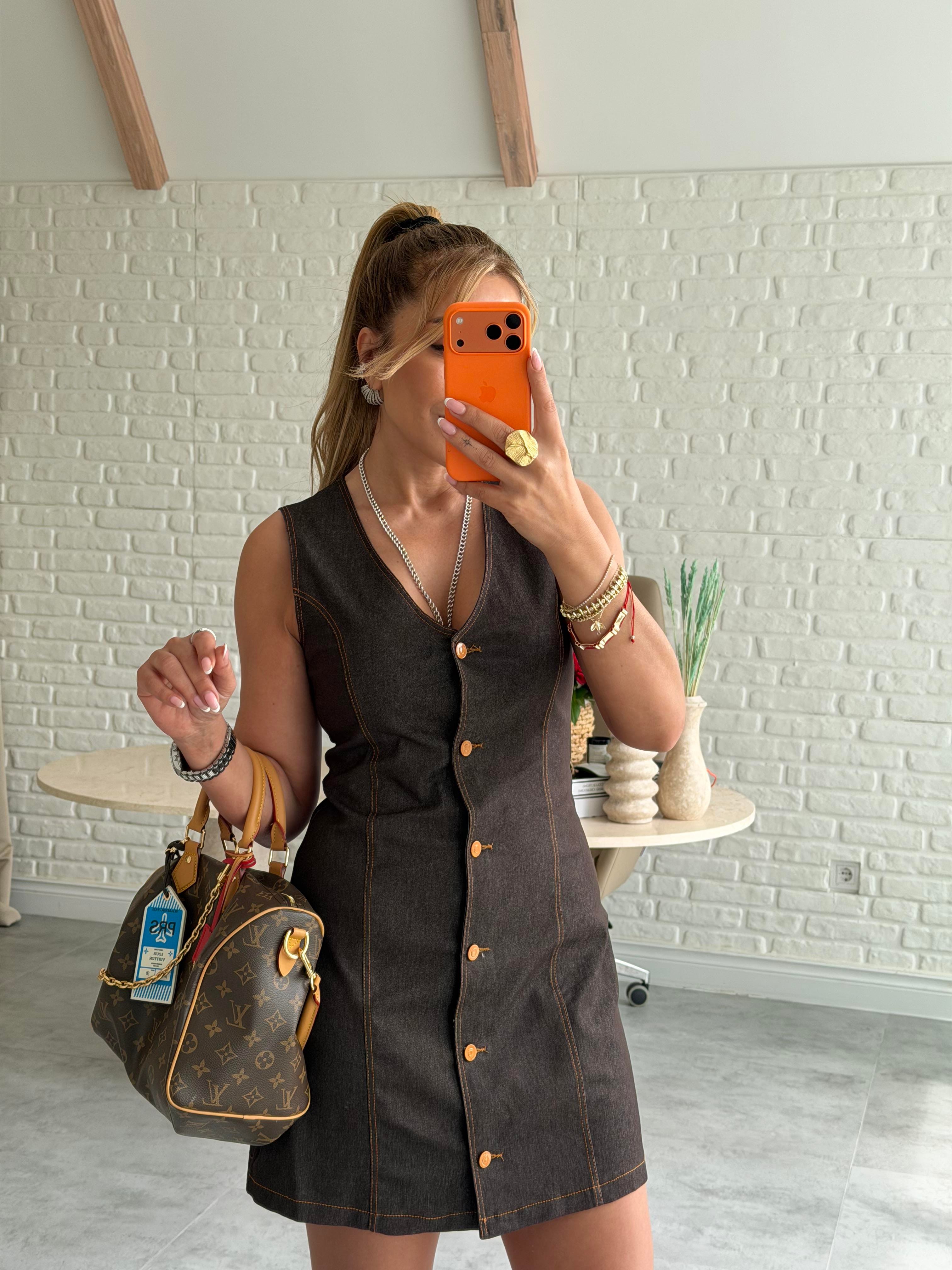 Kahve Düğmeli Denim Elbise