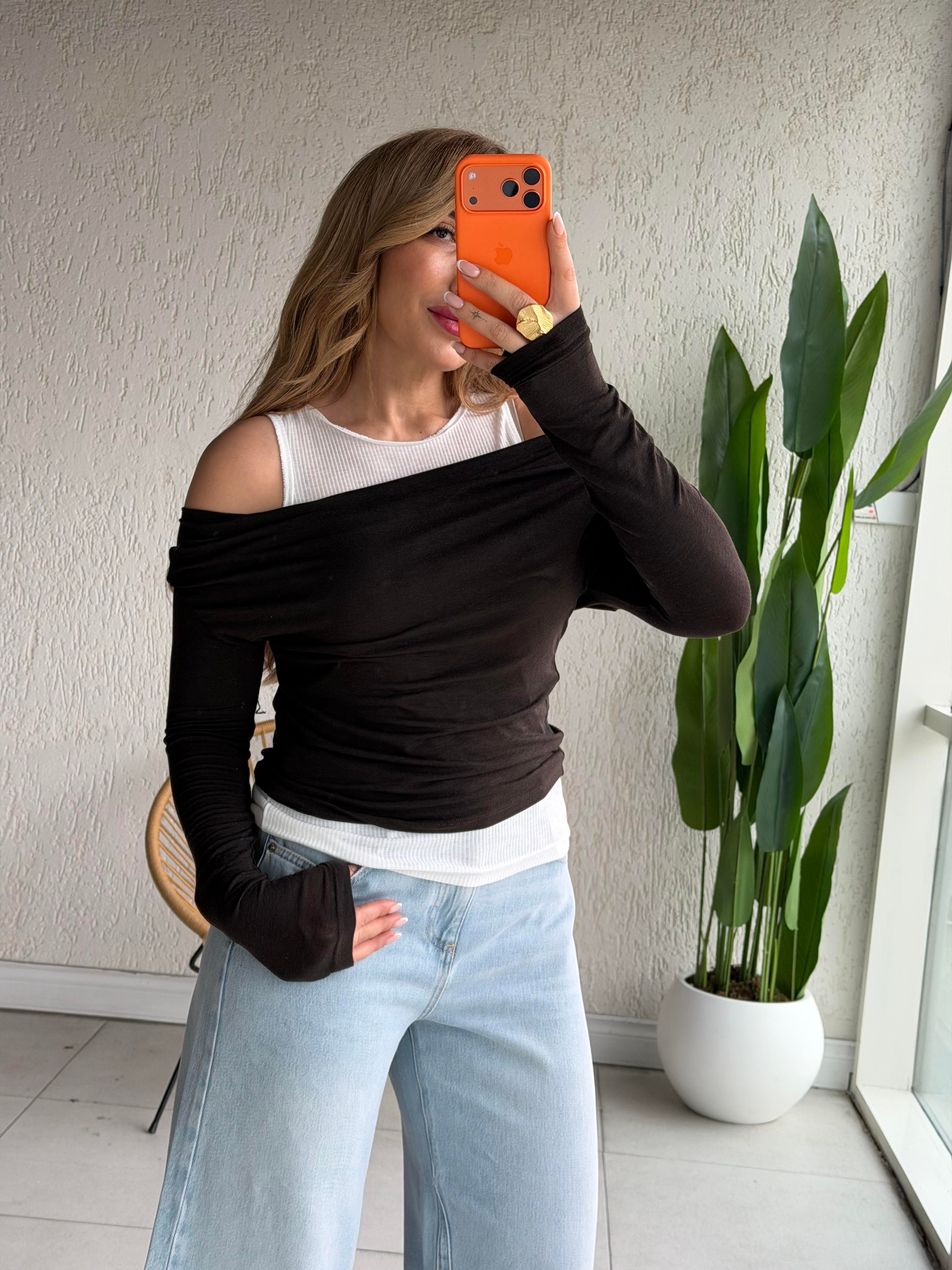 Kahve Ekru Atlet Detaylı Triko Bluz