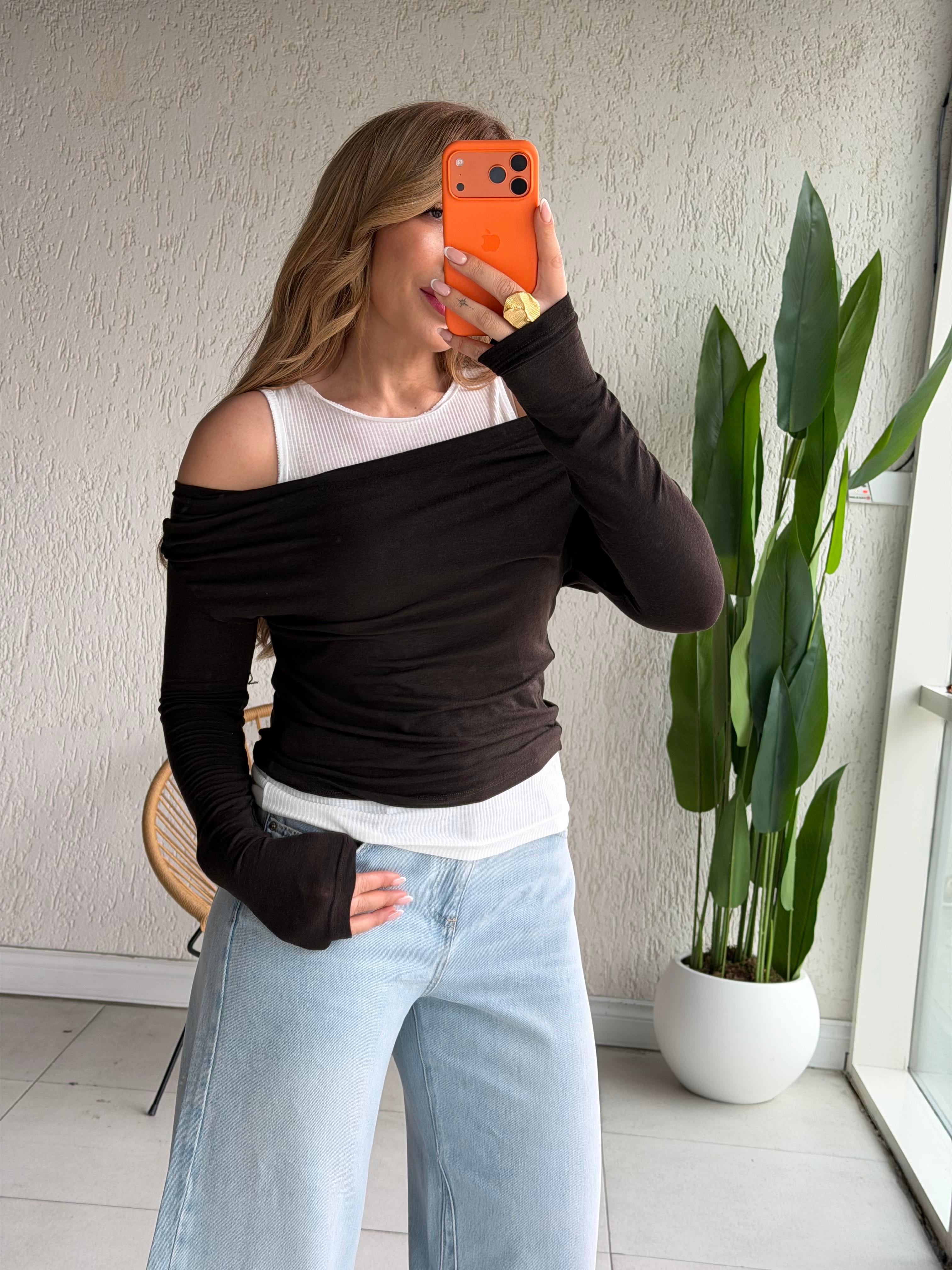 Kahve Ekru Atlet Detaylı Triko Bluz