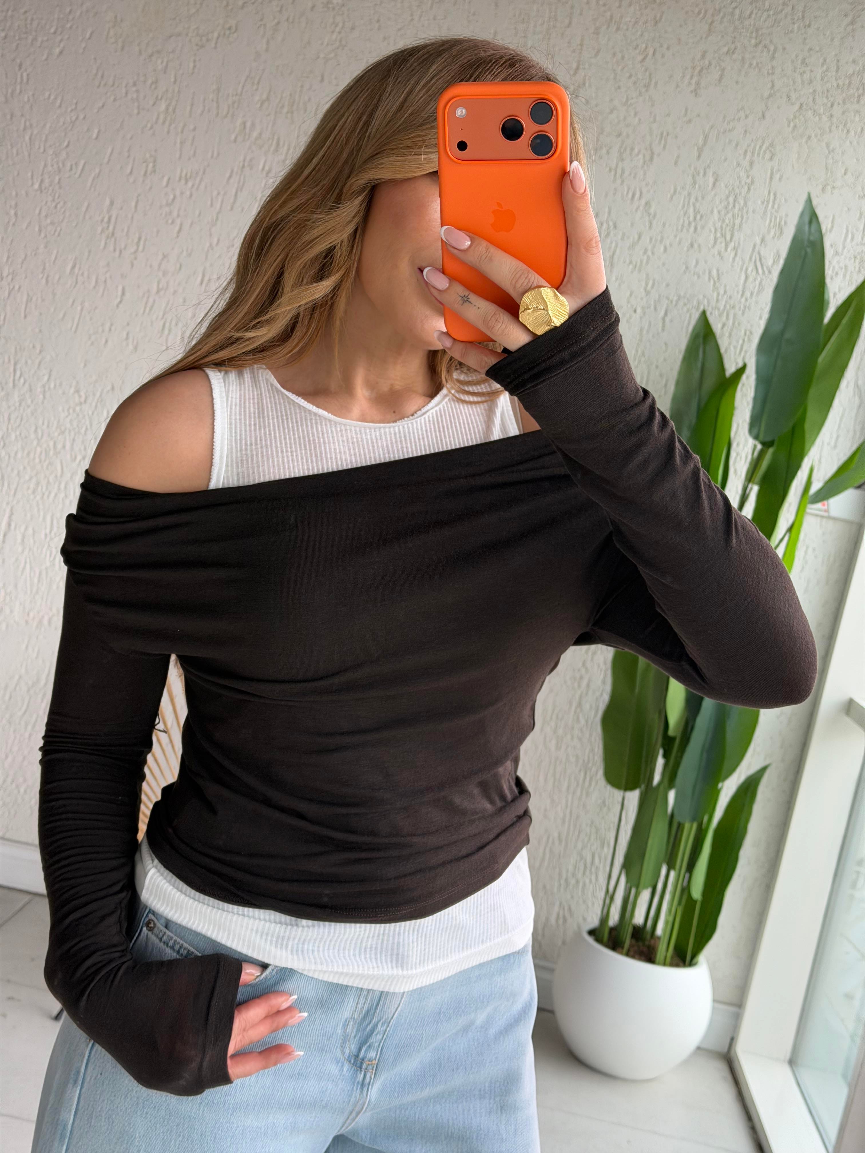 Kahve Ekru Atlet Detaylı Triko Bluz