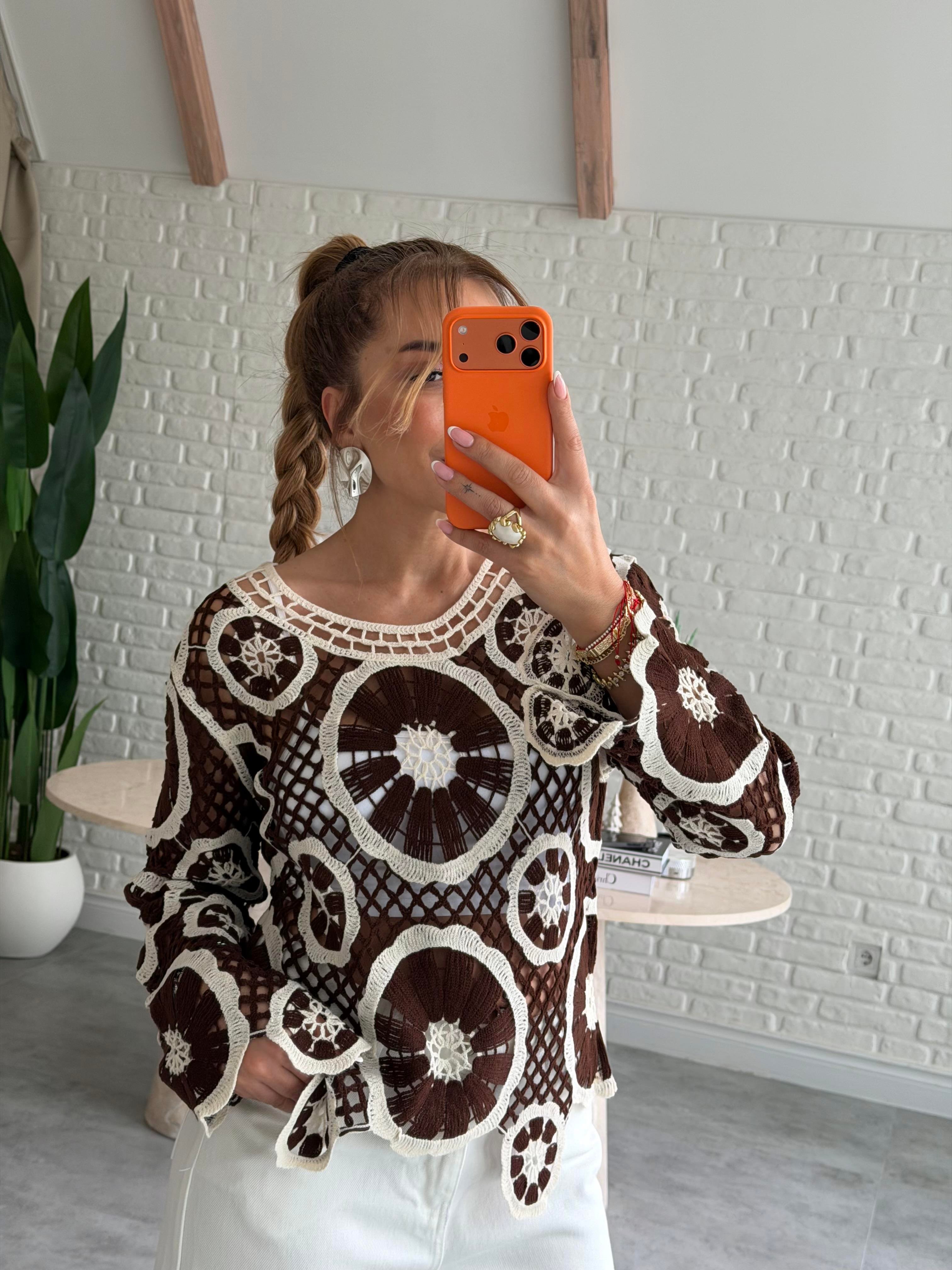 Kahve Ekru Örme Tasarım Bluz