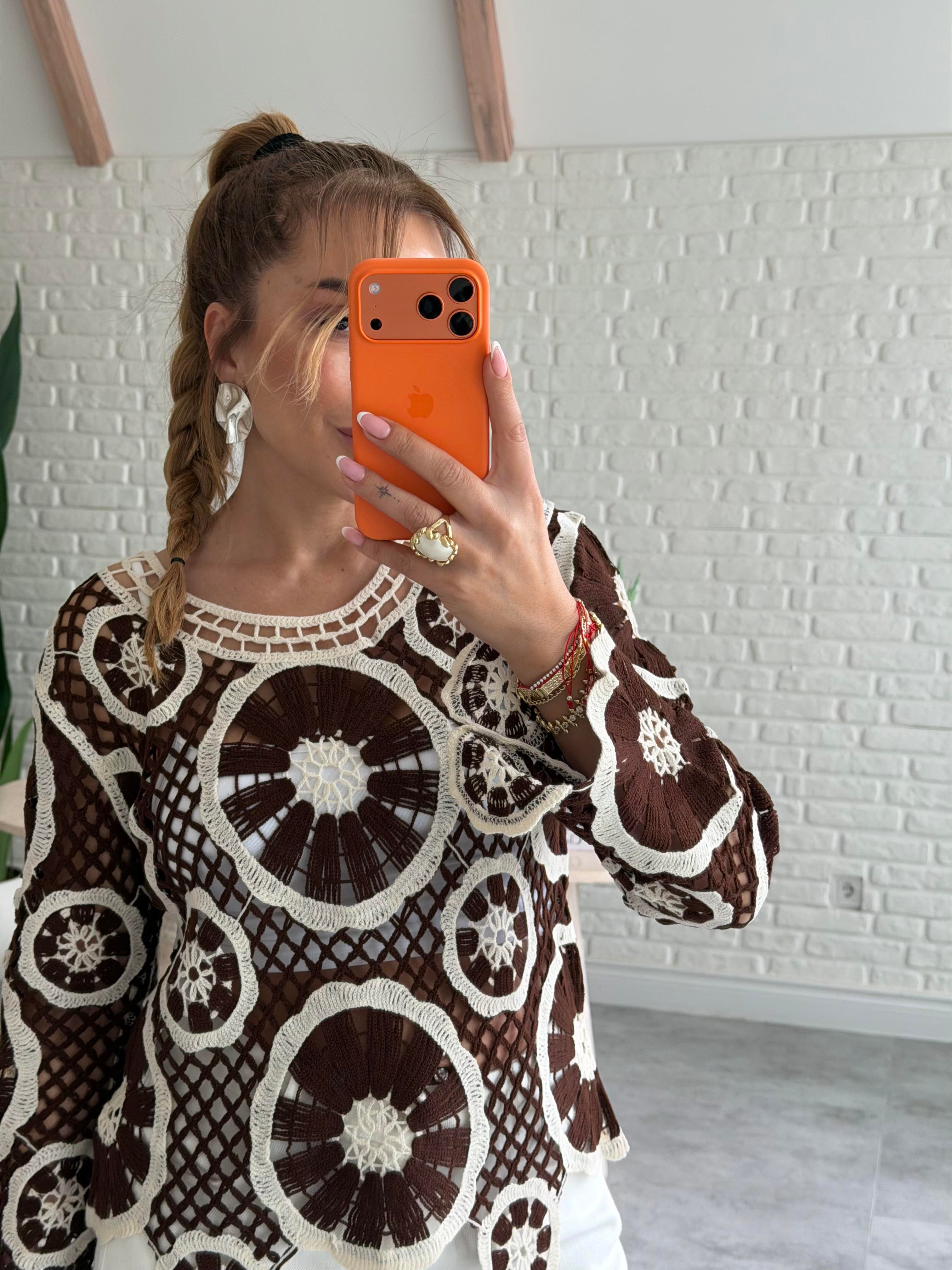 Kahve Ekru Örme Tasarım Bluz