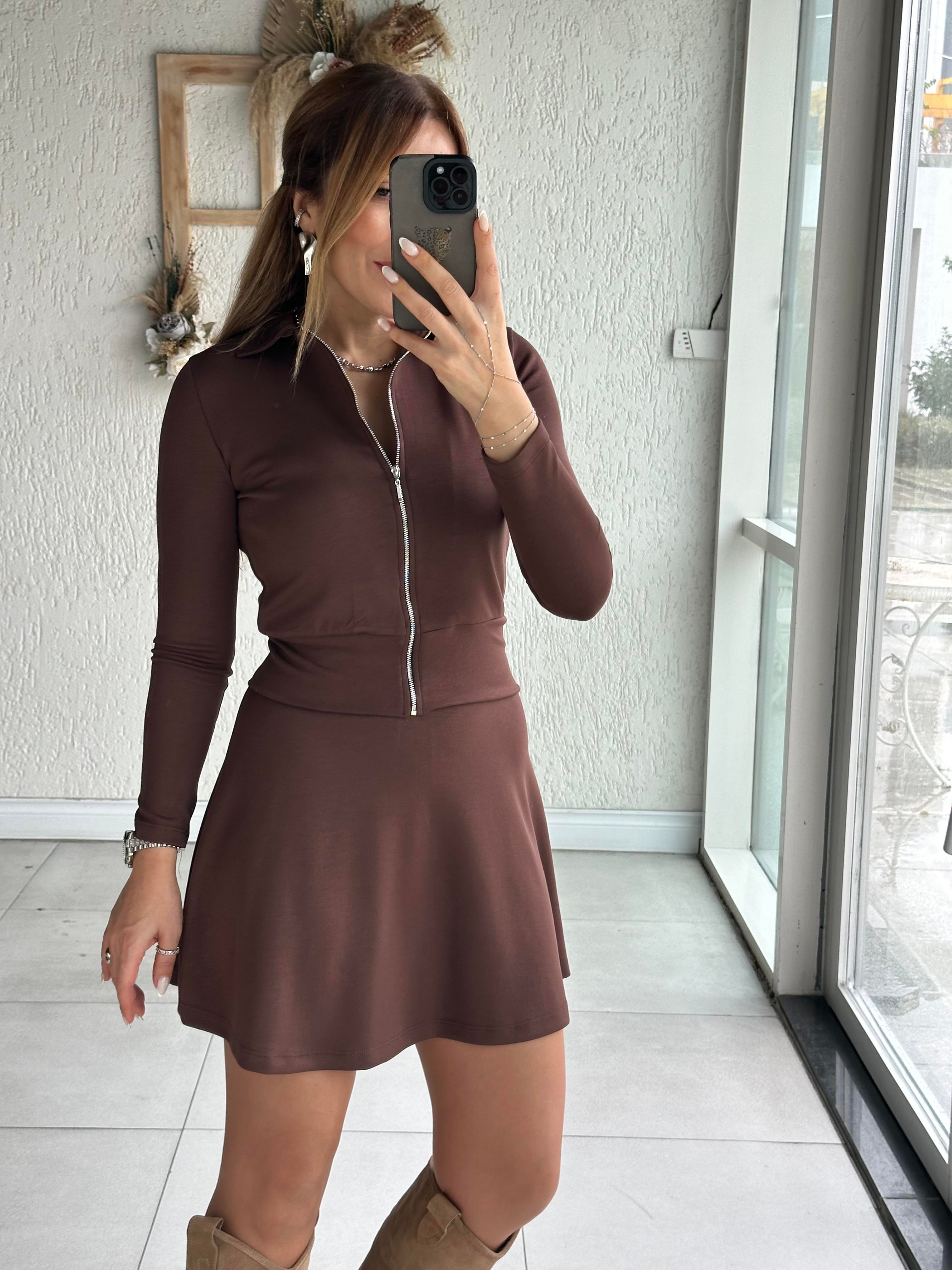 Kahve Fermuarlı Etek Hırka Takım