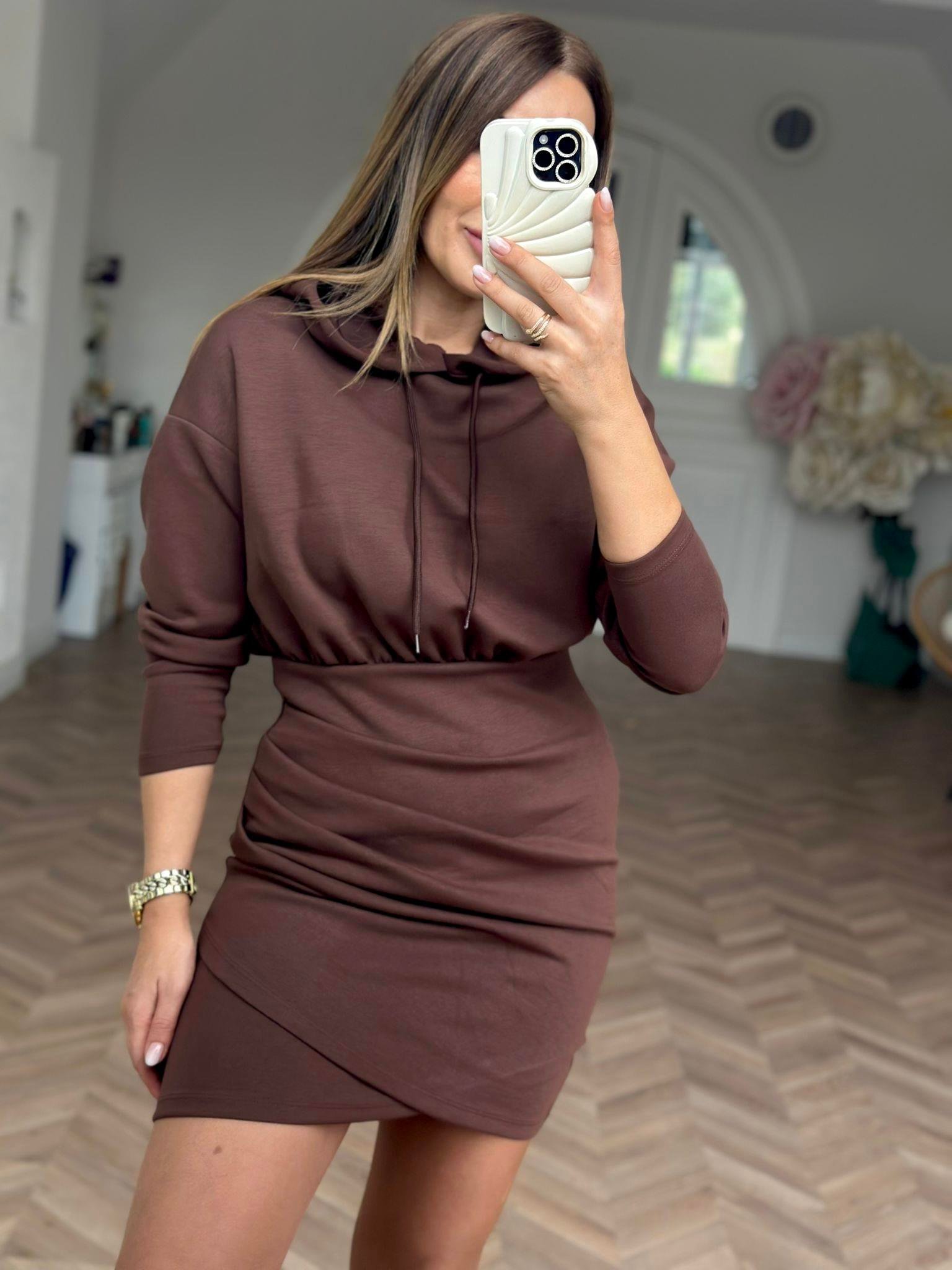 Kahve Kapişonlu Sweat Elbise