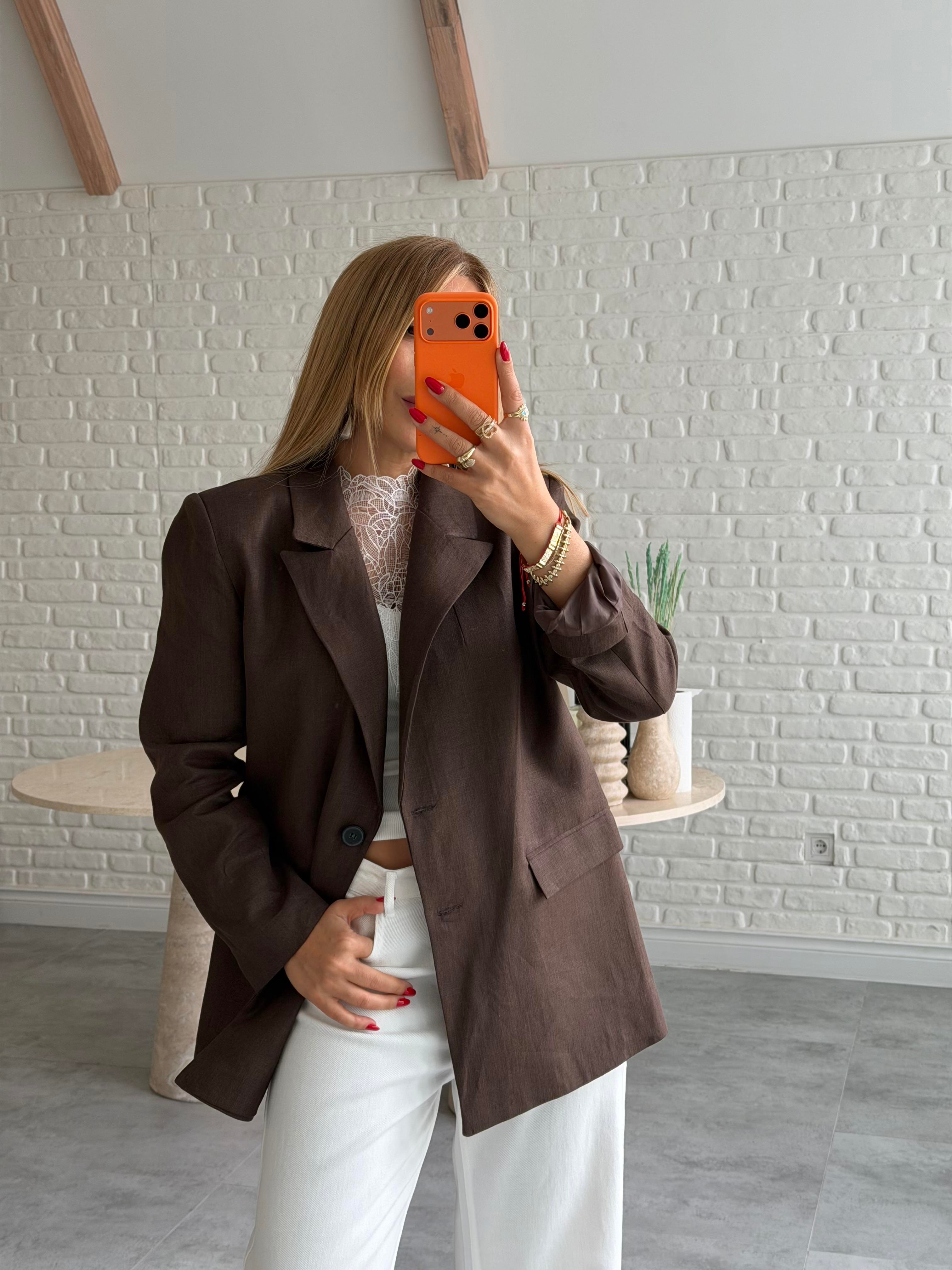 Kahve Keten Blazer Ceket