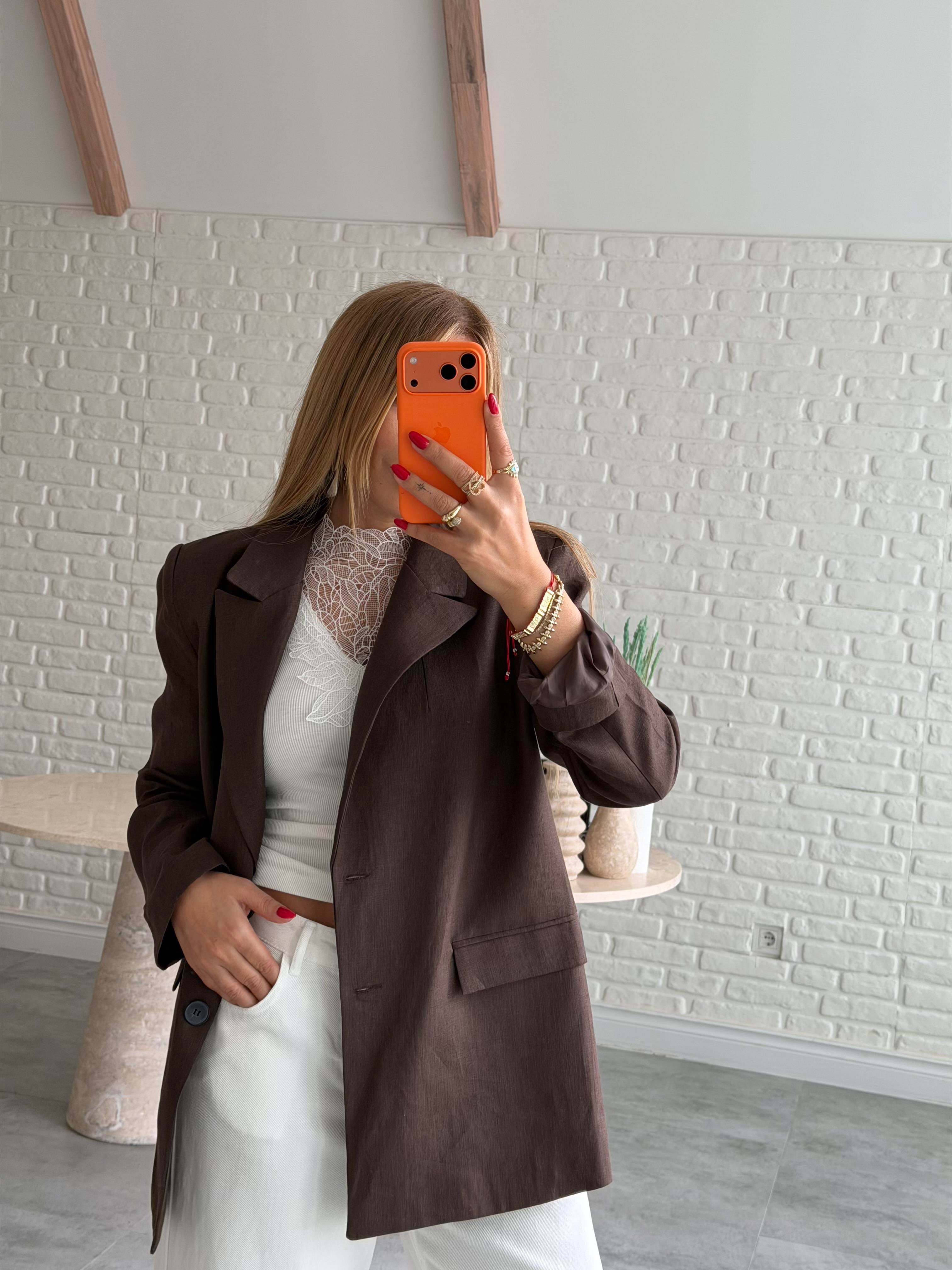 Kahve Keten Blazer Ceket