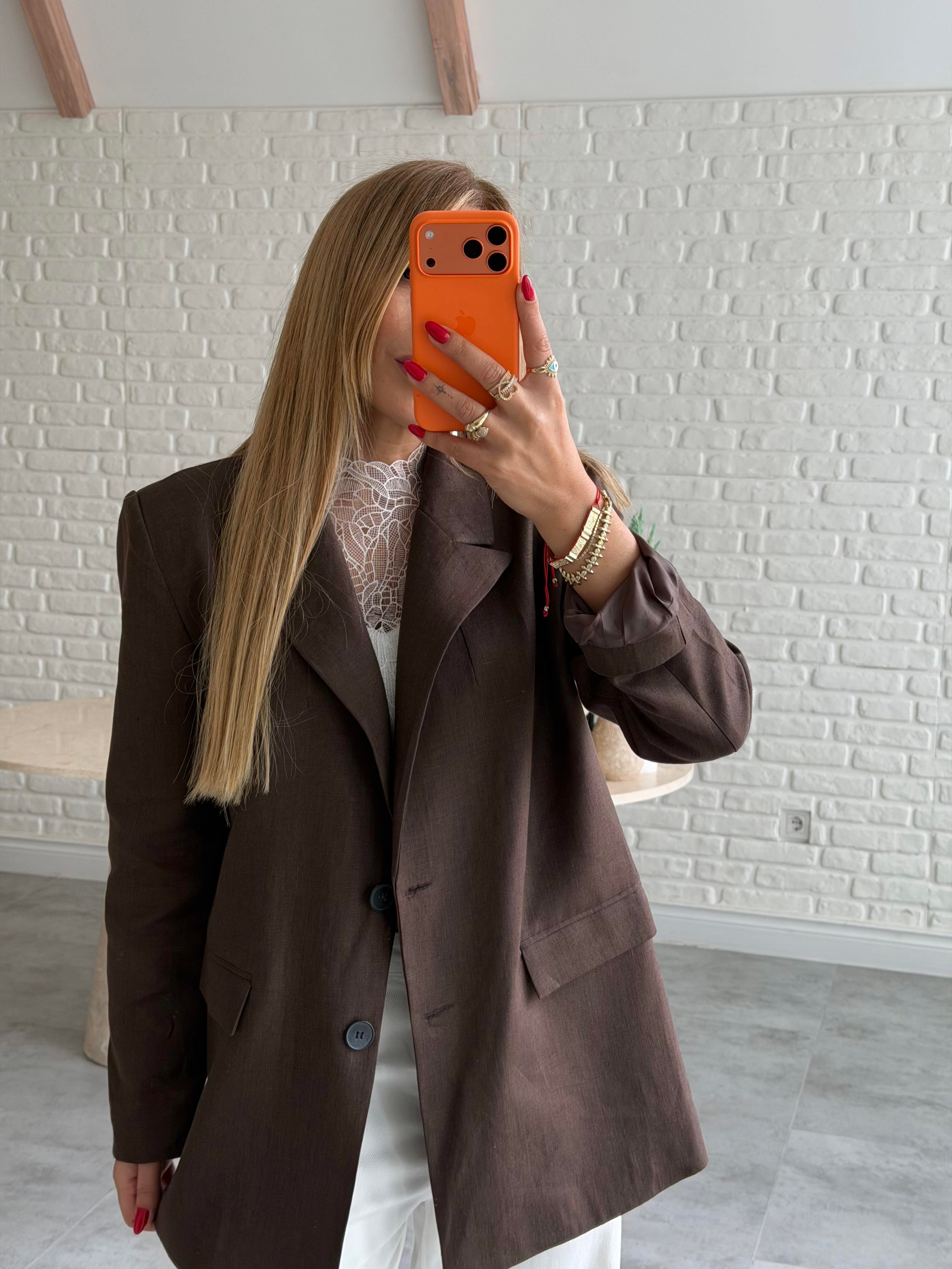 Kahve Keten Blazer Ceket