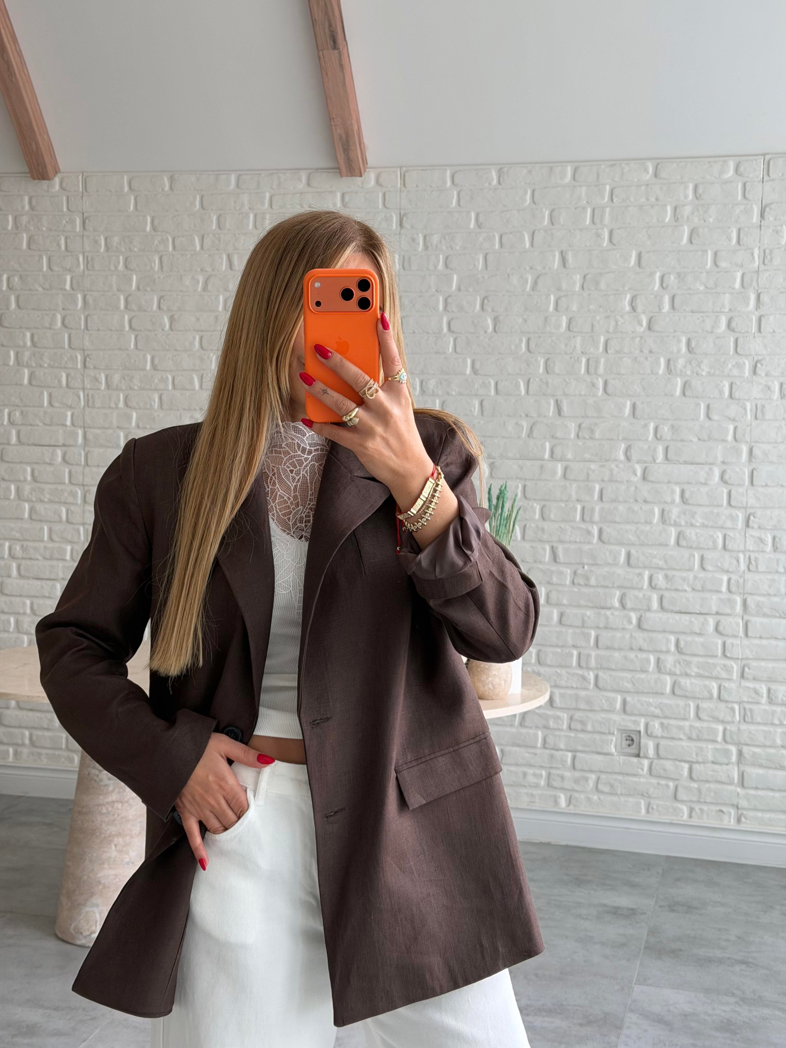 Kahve Keten Blazer Ceket