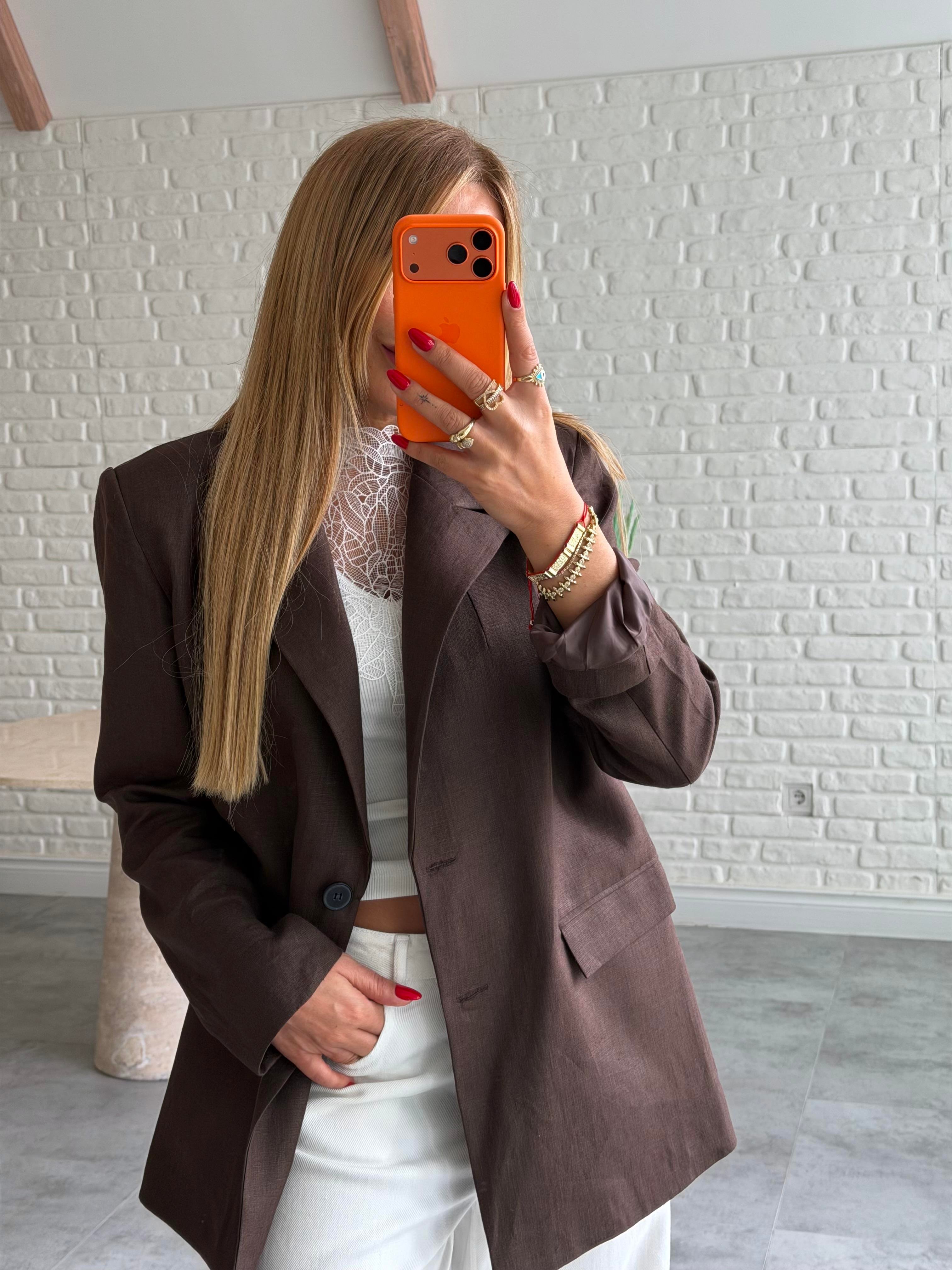 Kahve Keten Blazer Ceket