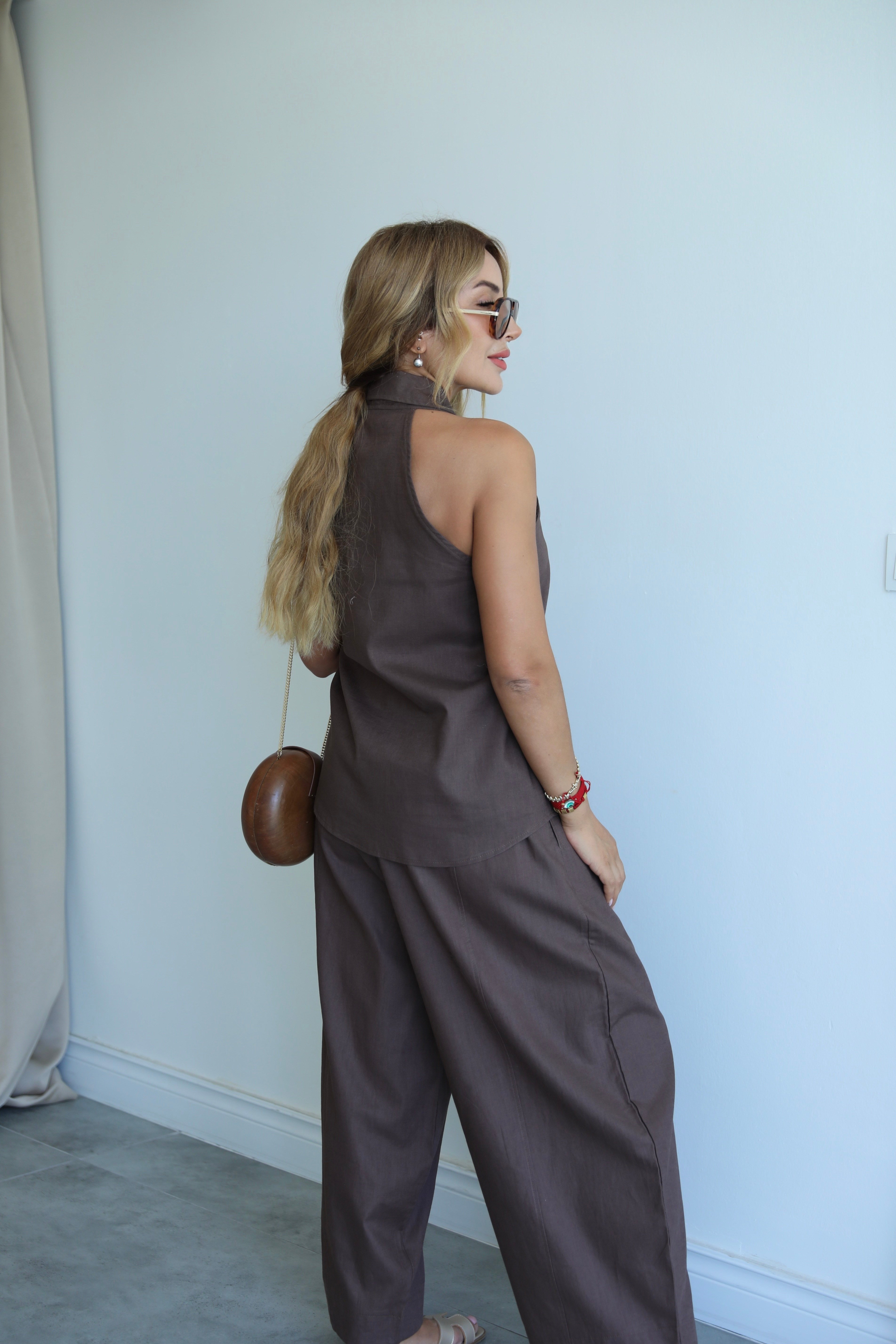 Kahve Keten Bluz Şalvar Takım 