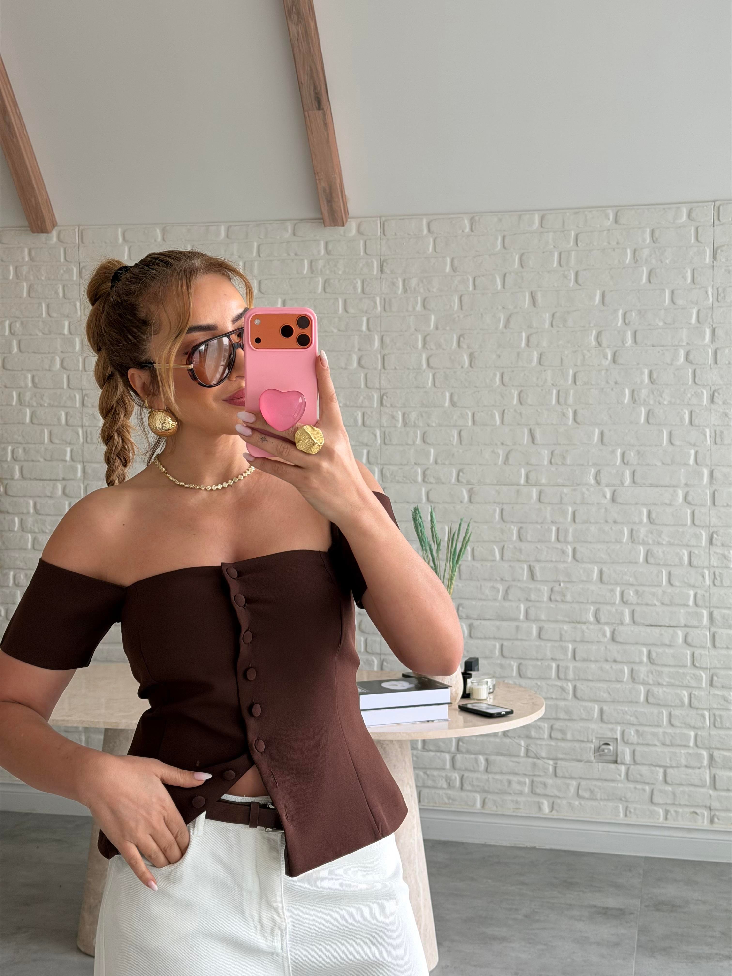 Kahve Kol Detaylı Straplez Bluz