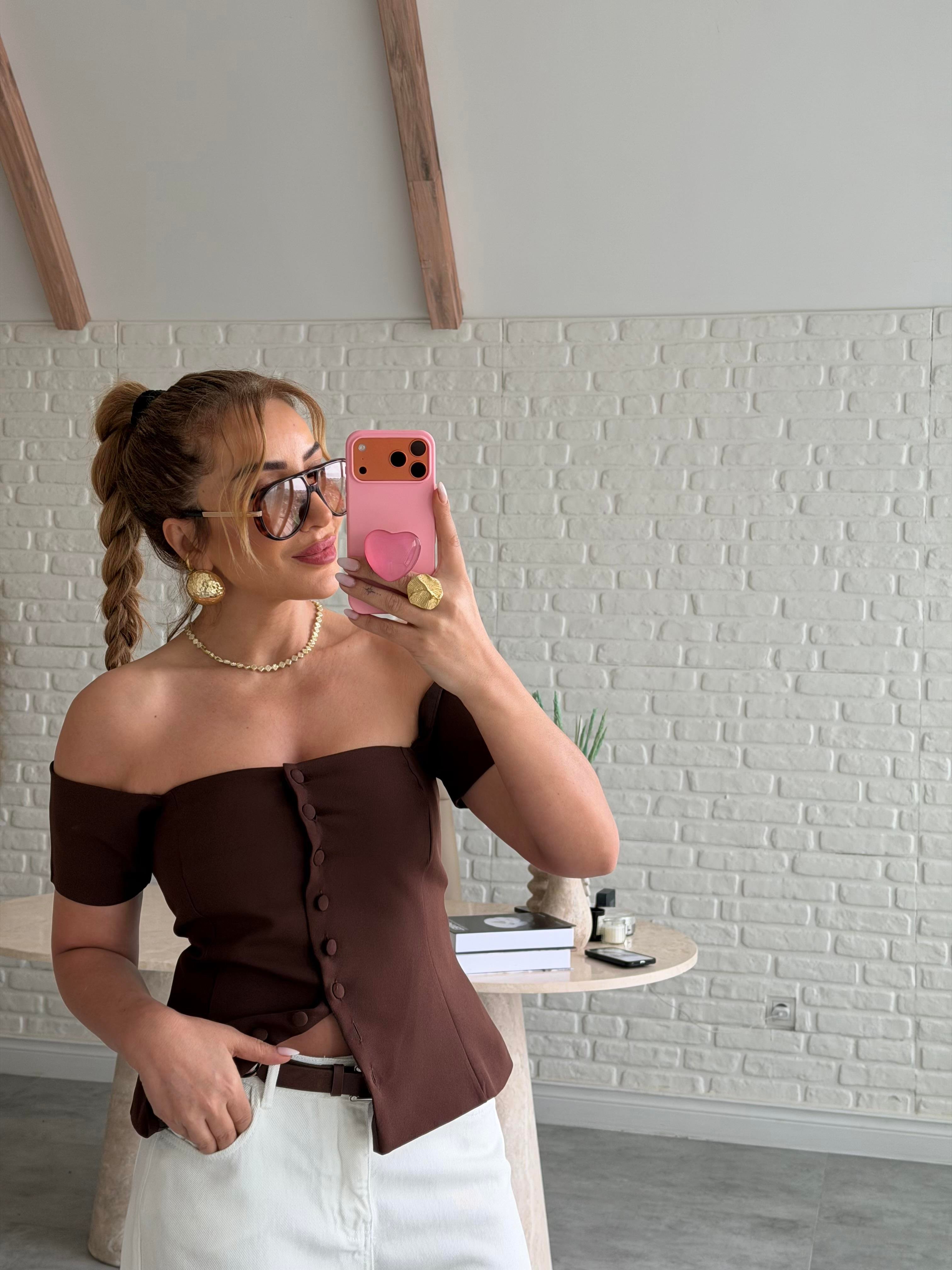 Kahve Kol Detaylı Straplez Bluz