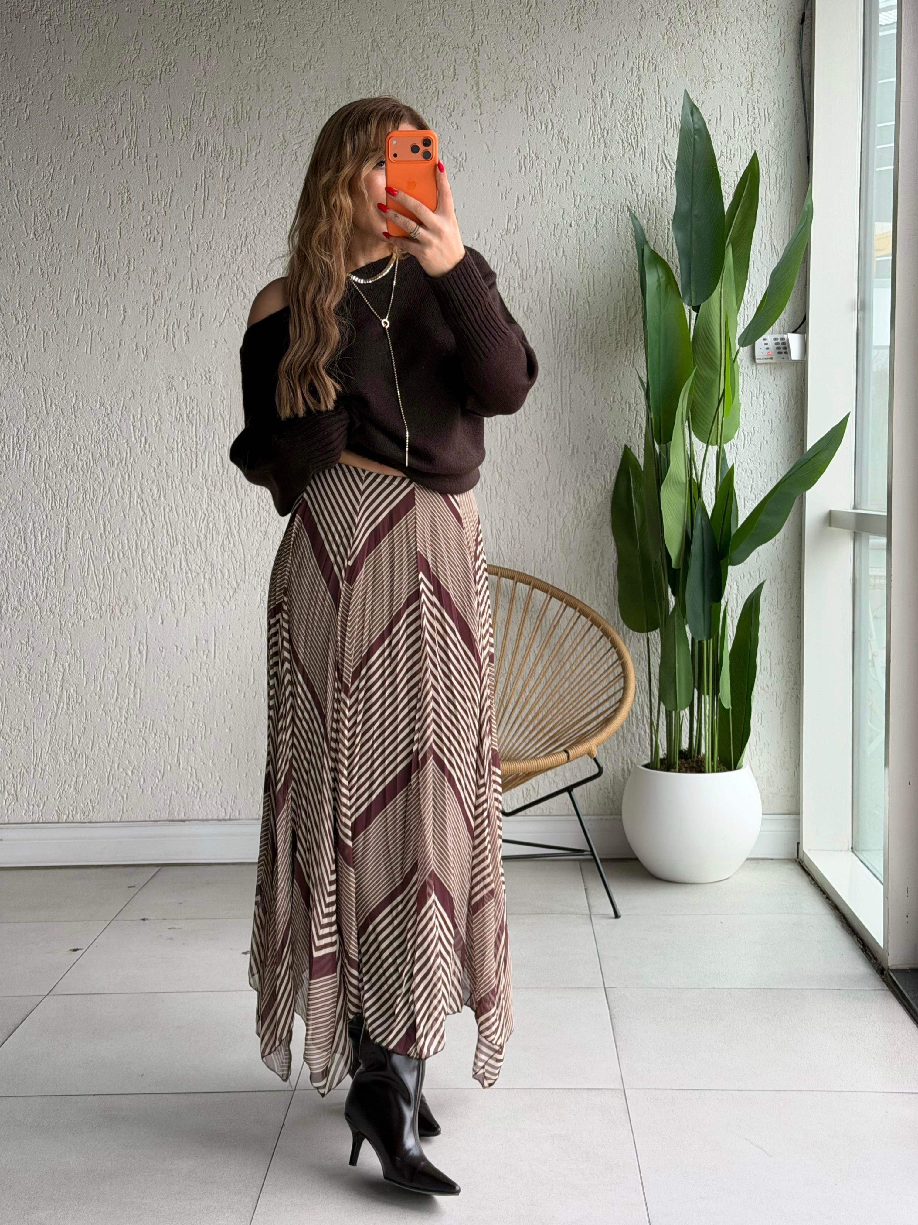 Kahve Krem Piliseli Etek