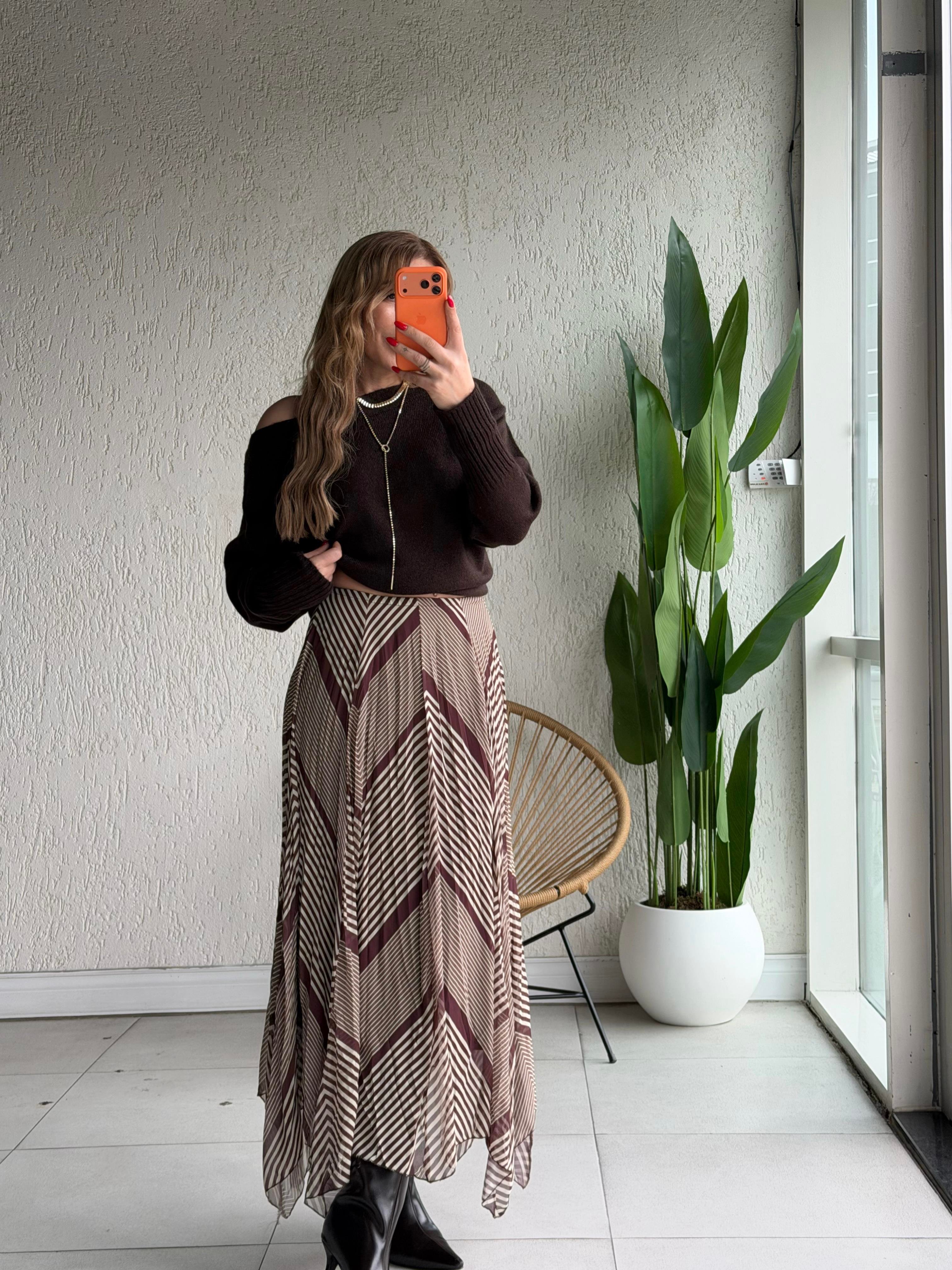 Kahve Krem Piliseli Etek