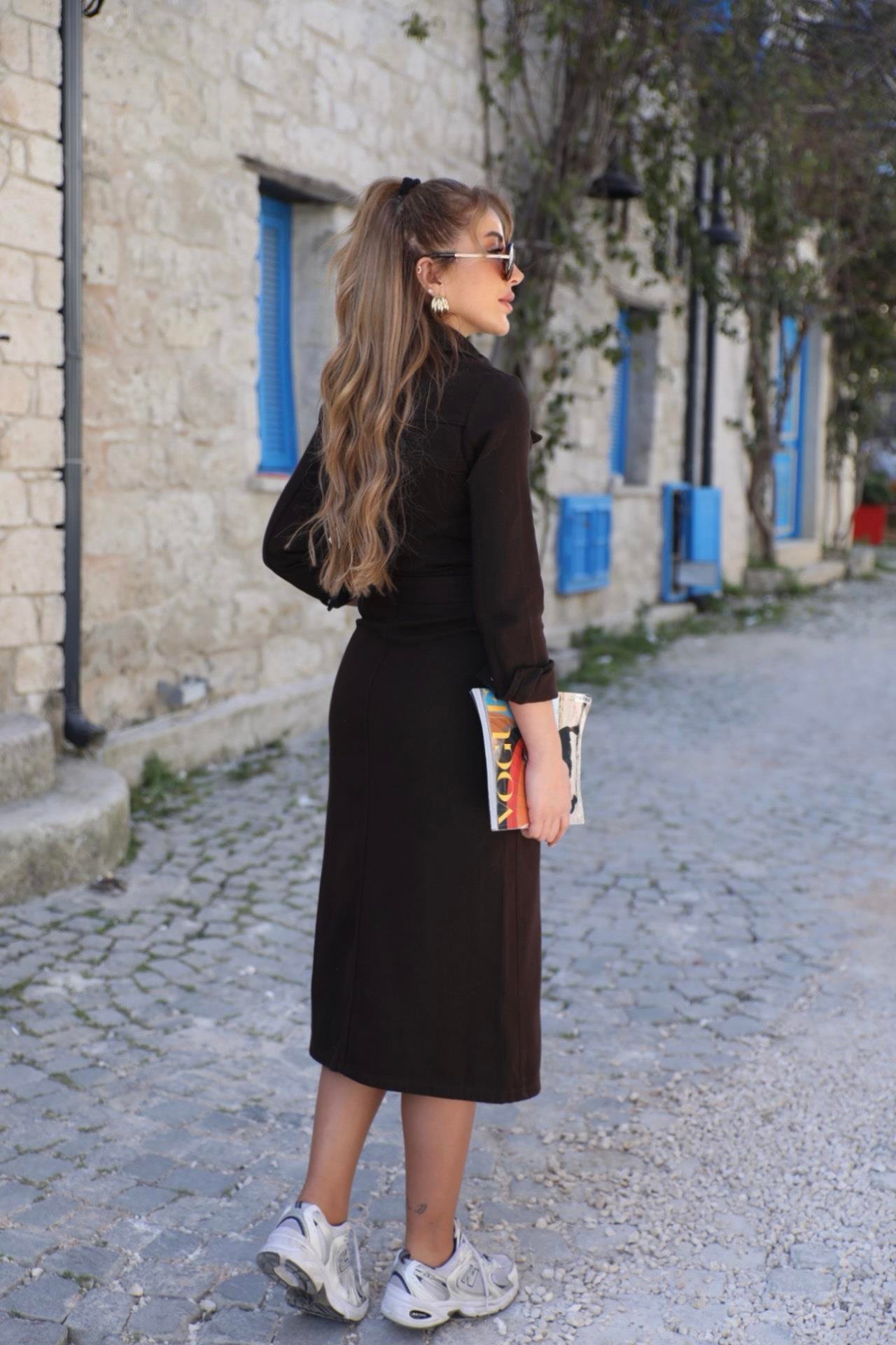 Kahve Kuşaklı Jean Elbise