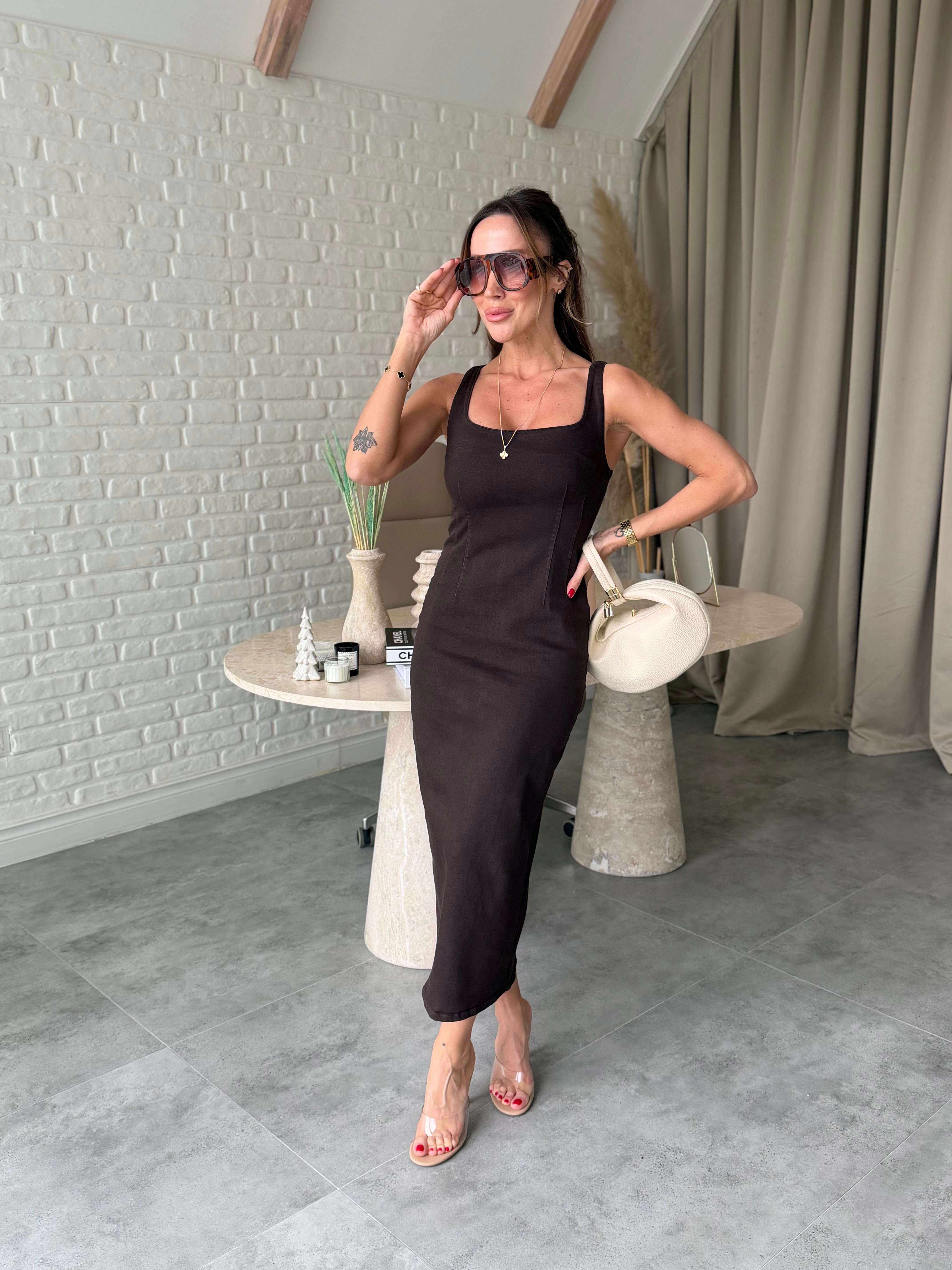 Kahve Likralı Denim Elbise