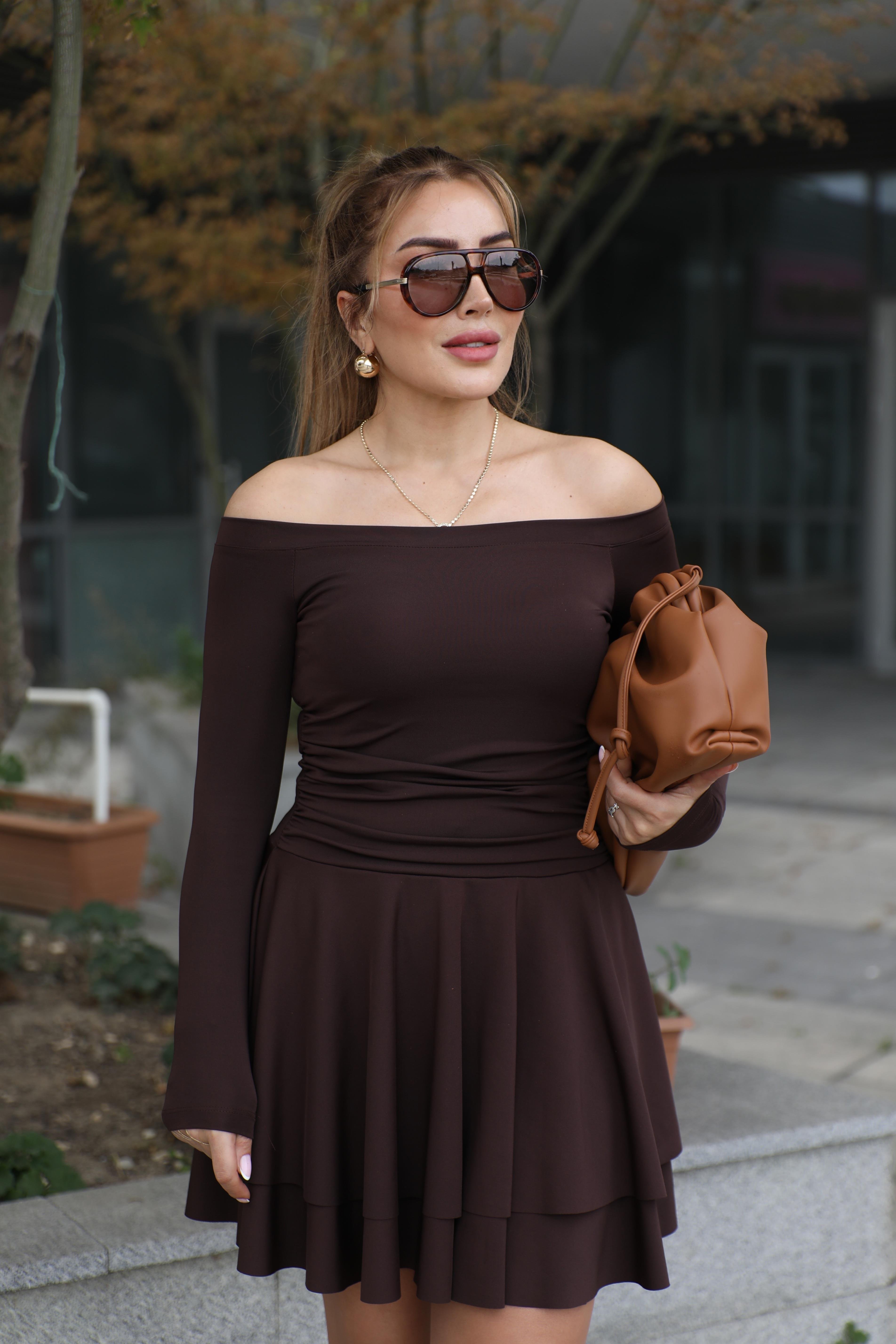 Kahve Madonna Katlı Elbise 