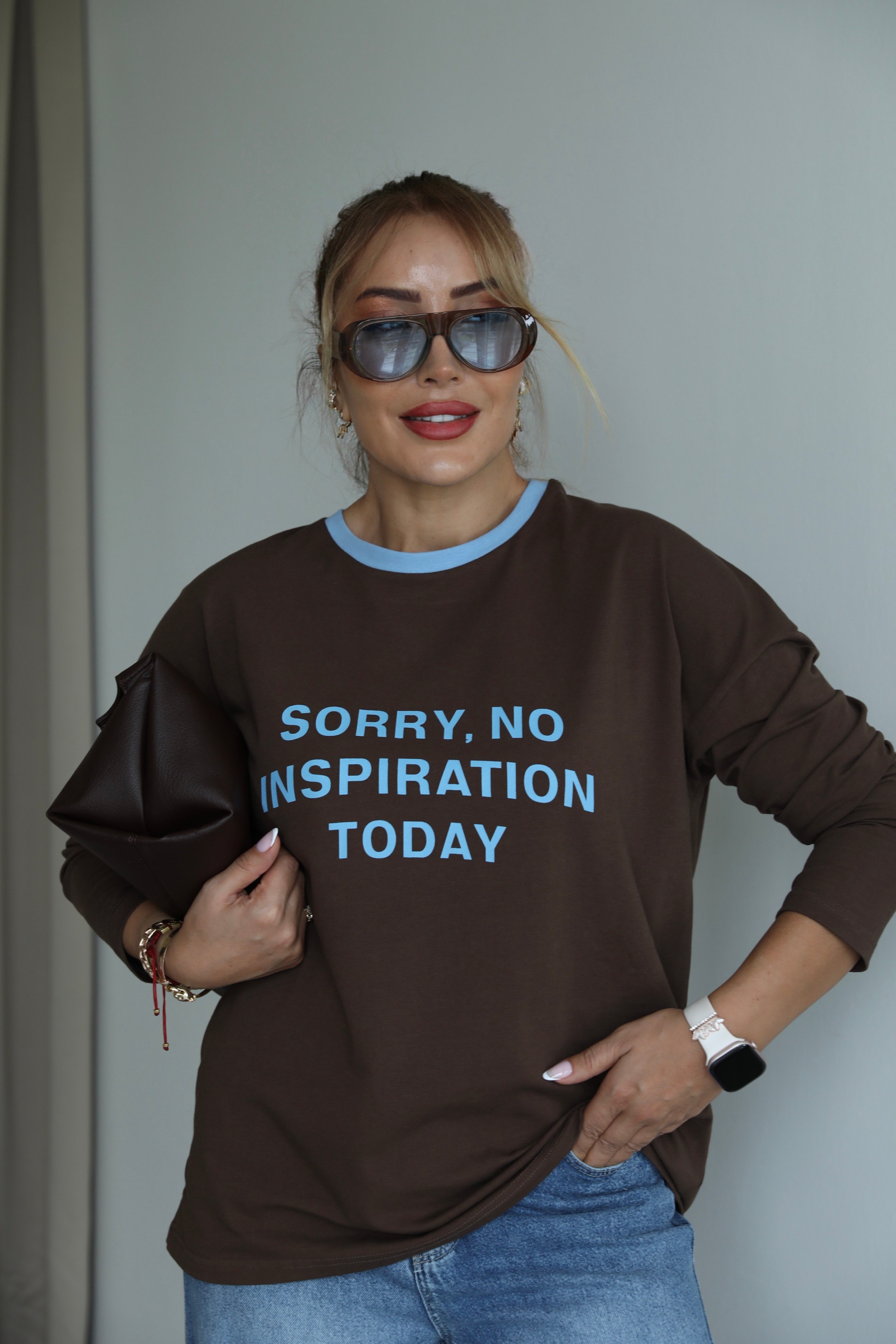 Kahve Mavi Yazı Detaylı Basic T-shirt 