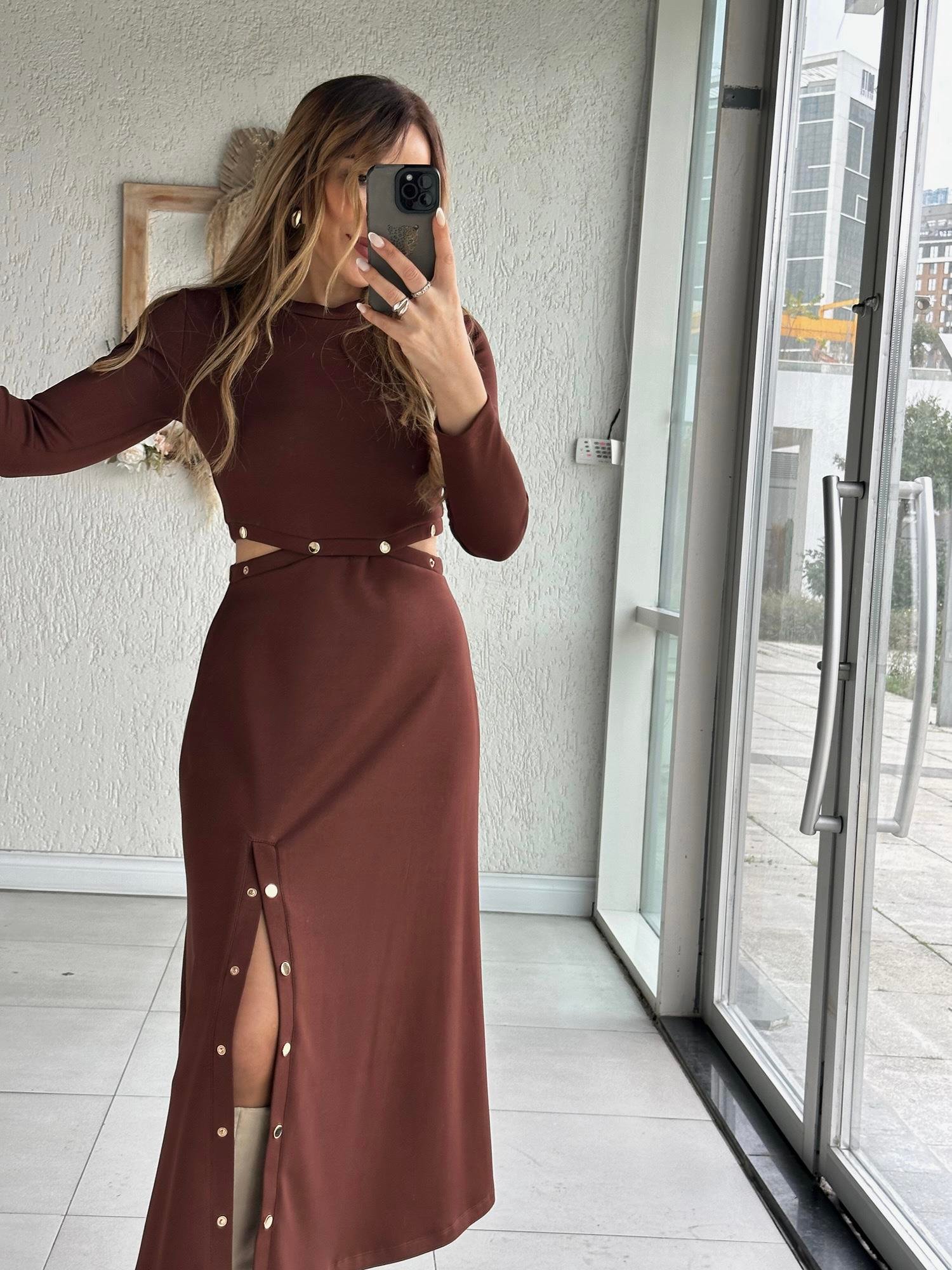 Kahve Modal Çıtçıt Elbise