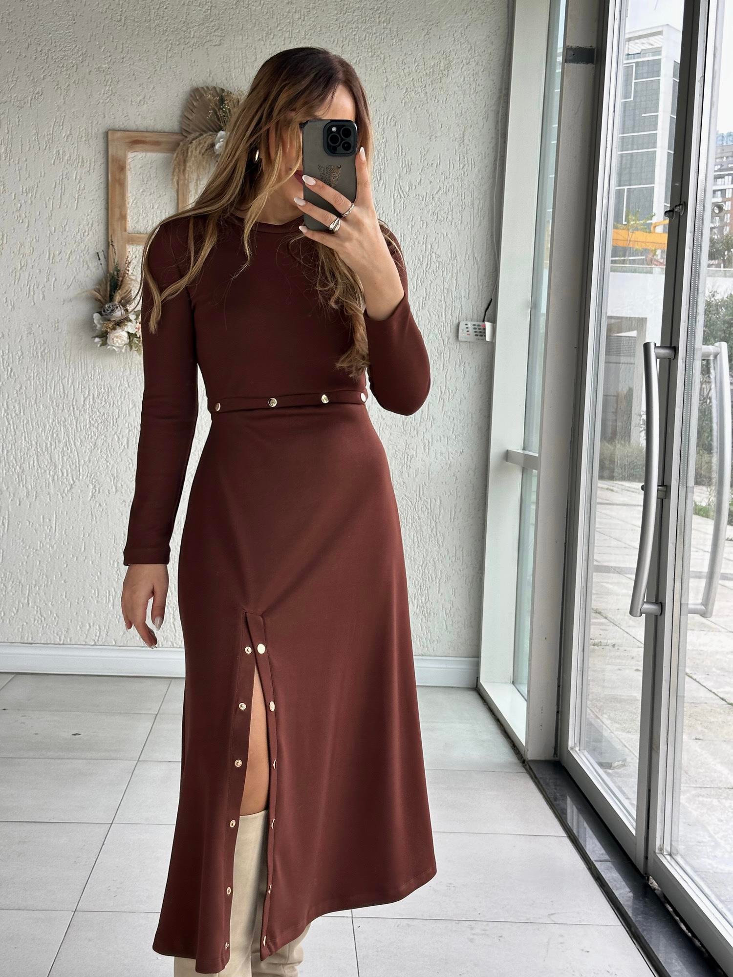 Kahve Modal Çıtçıt Elbise