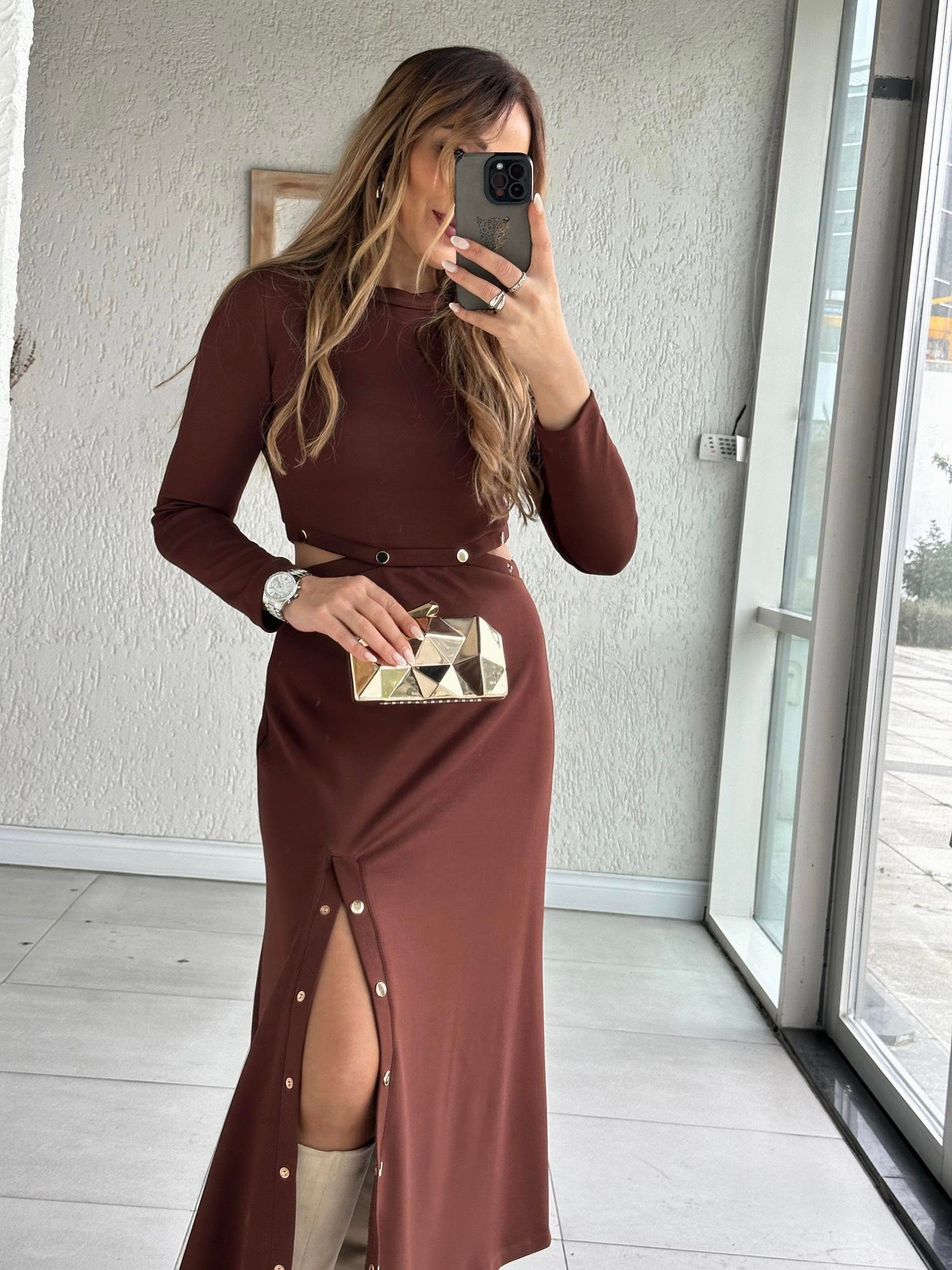 Kahve Modal Çıtçıt Elbise