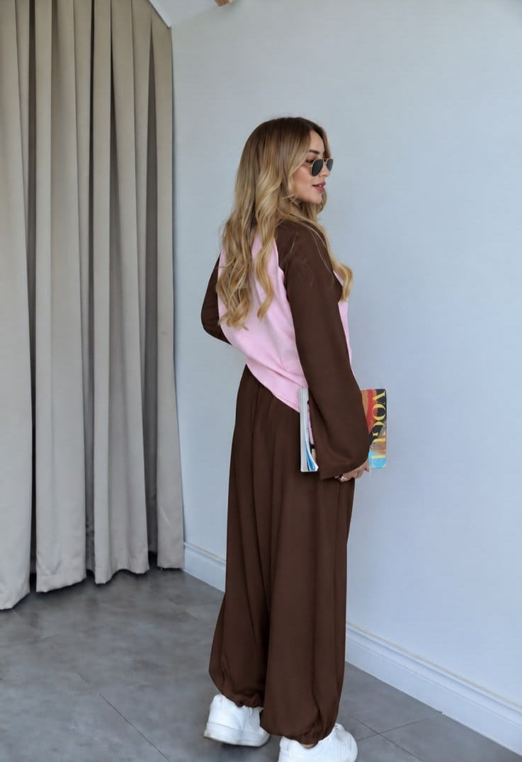 Kahve Pembe Oversize Sweat Eşofman Takım