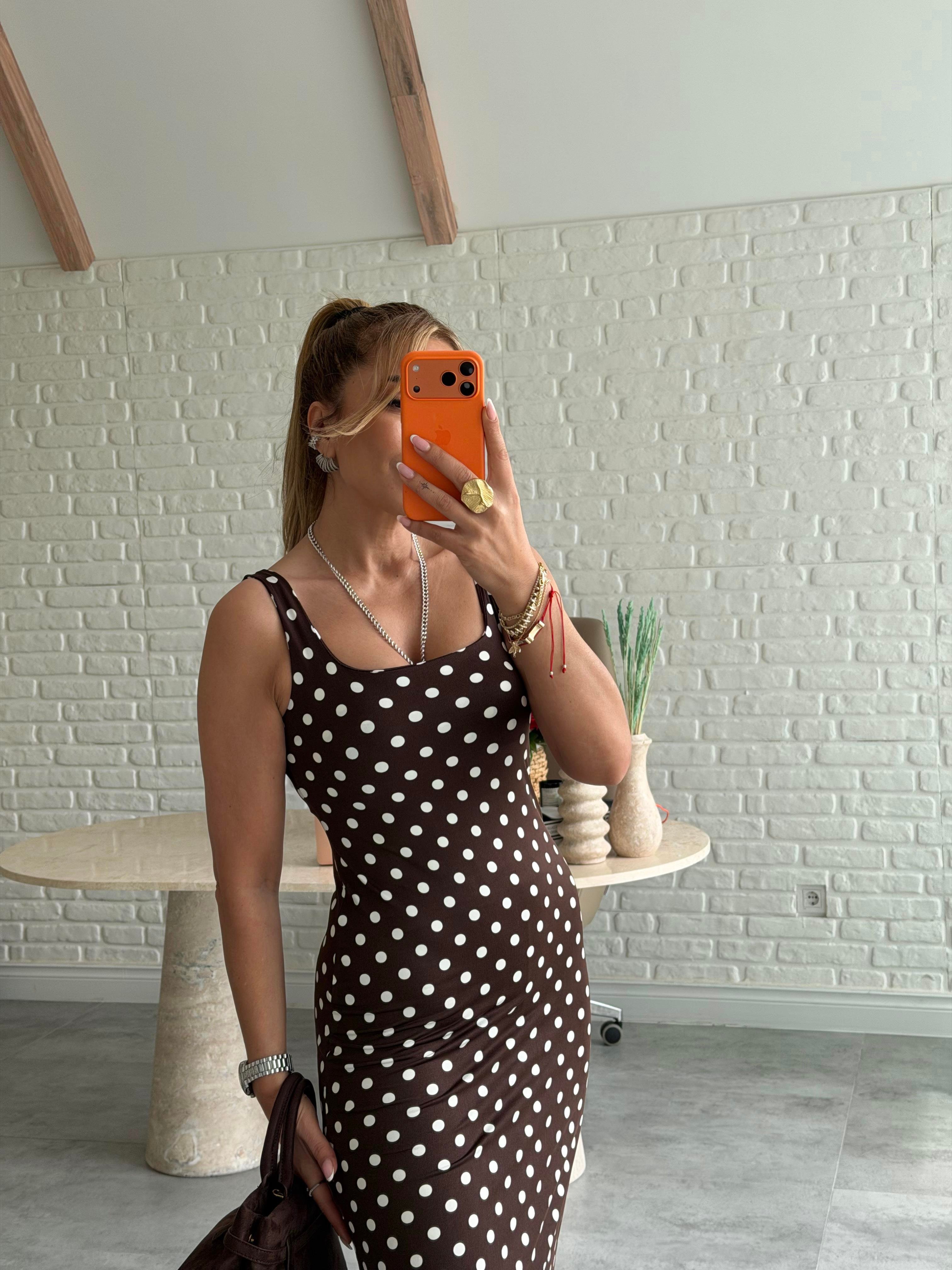 Kahve Puantiyeli Askılı Elbise