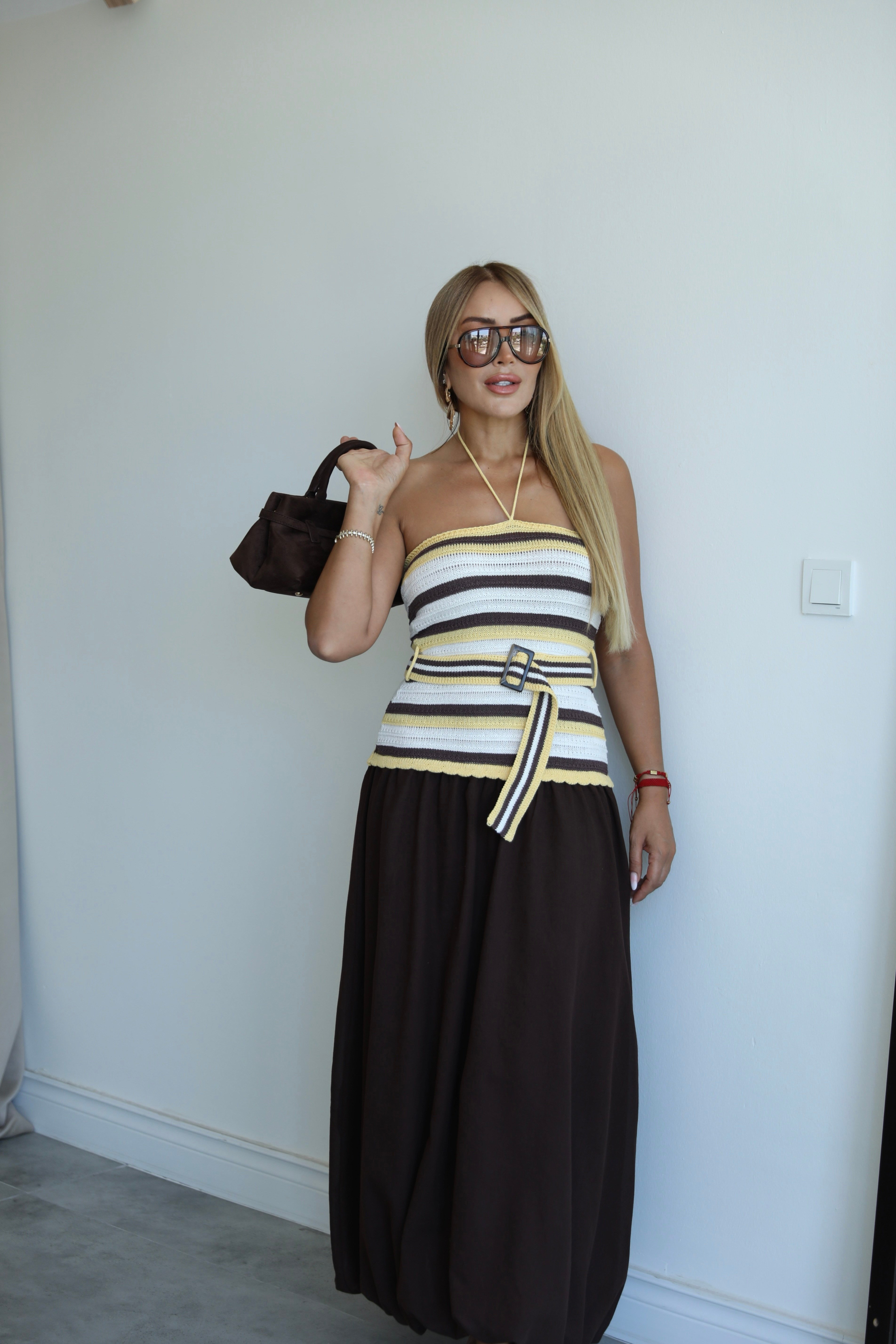 Kahve Sarı Balon Triko Elbise