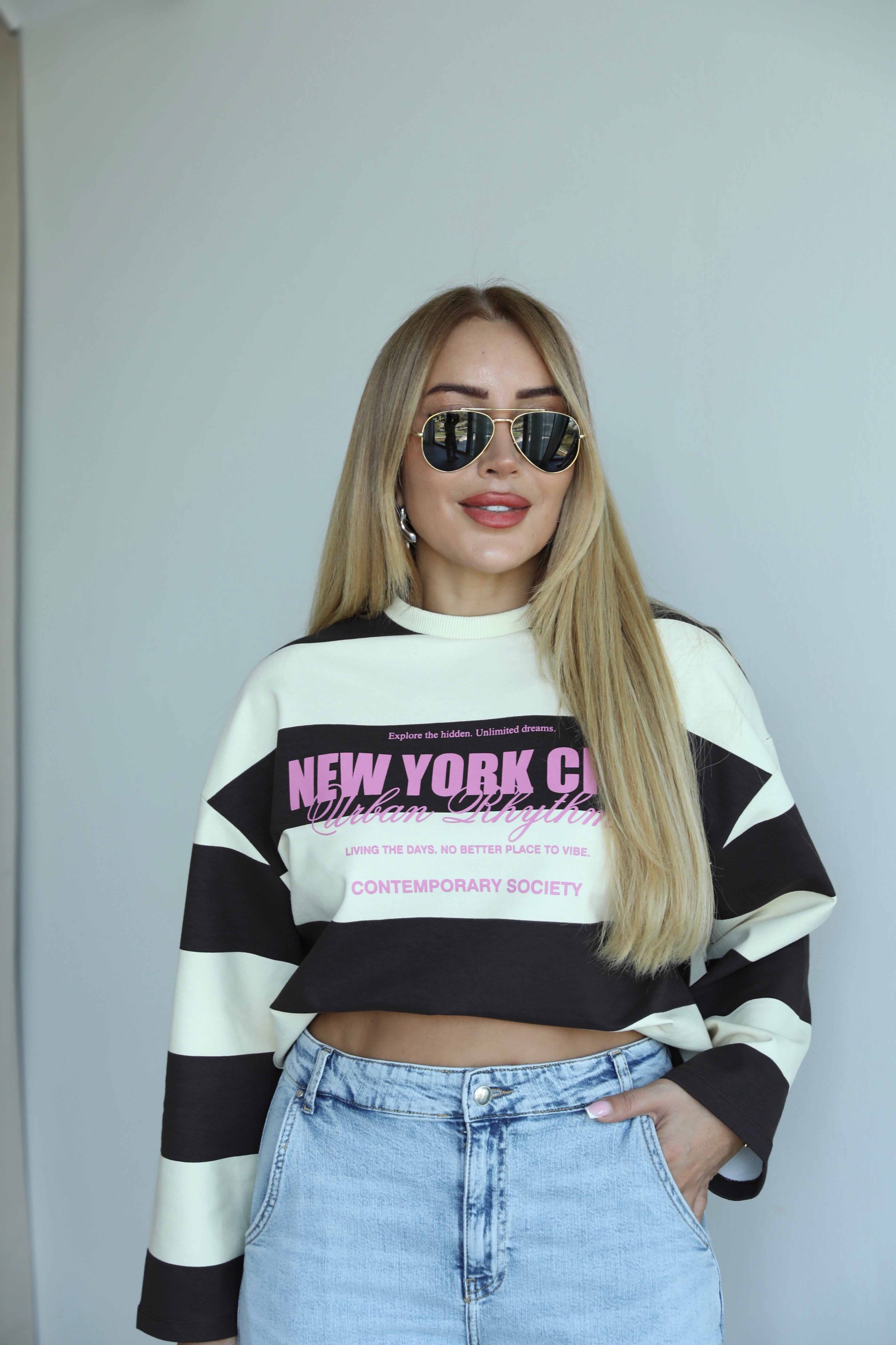 Kahve Sarı Çizgili Baskılı Sweat