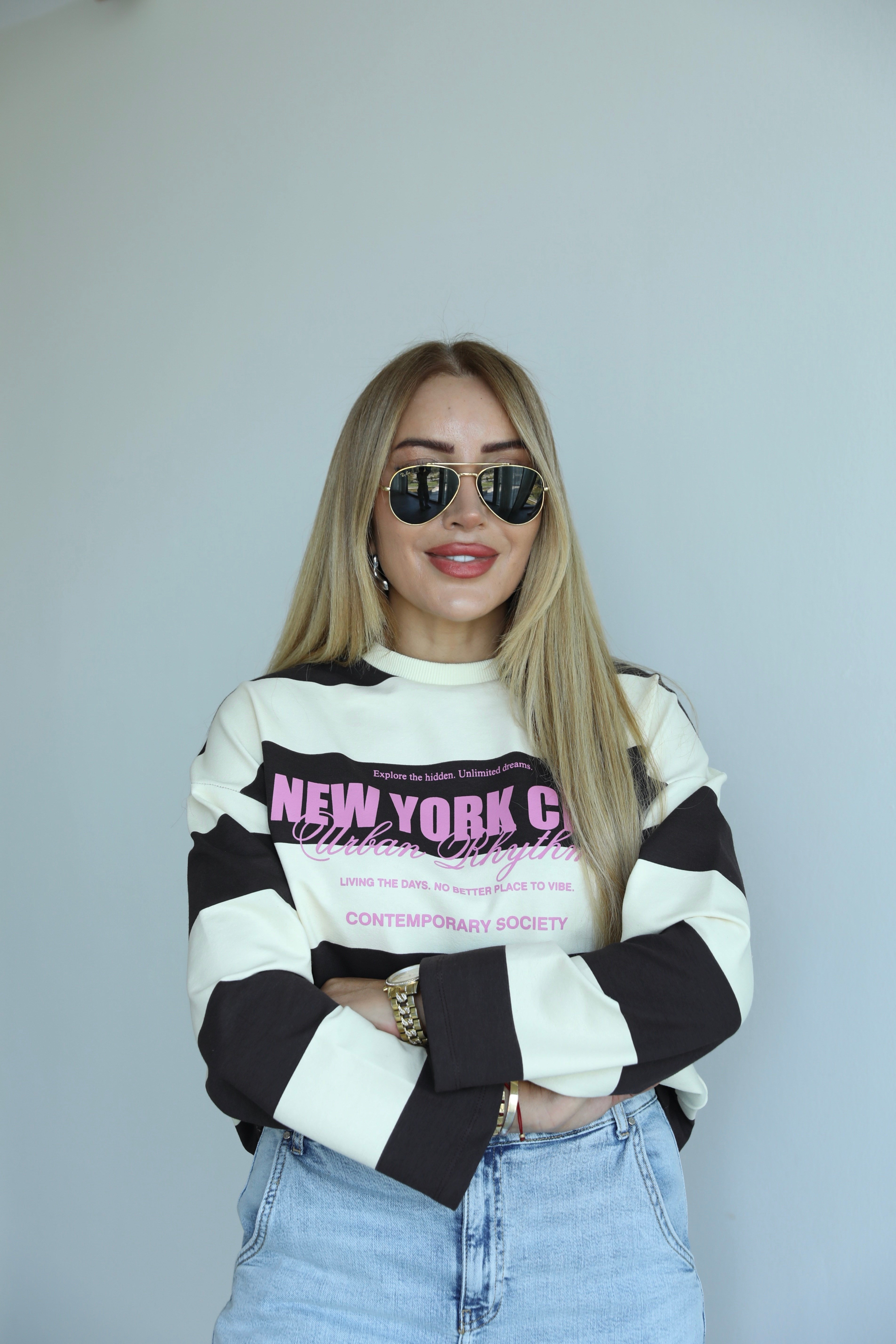 Kahve Sarı Çizgili Baskılı Sweat