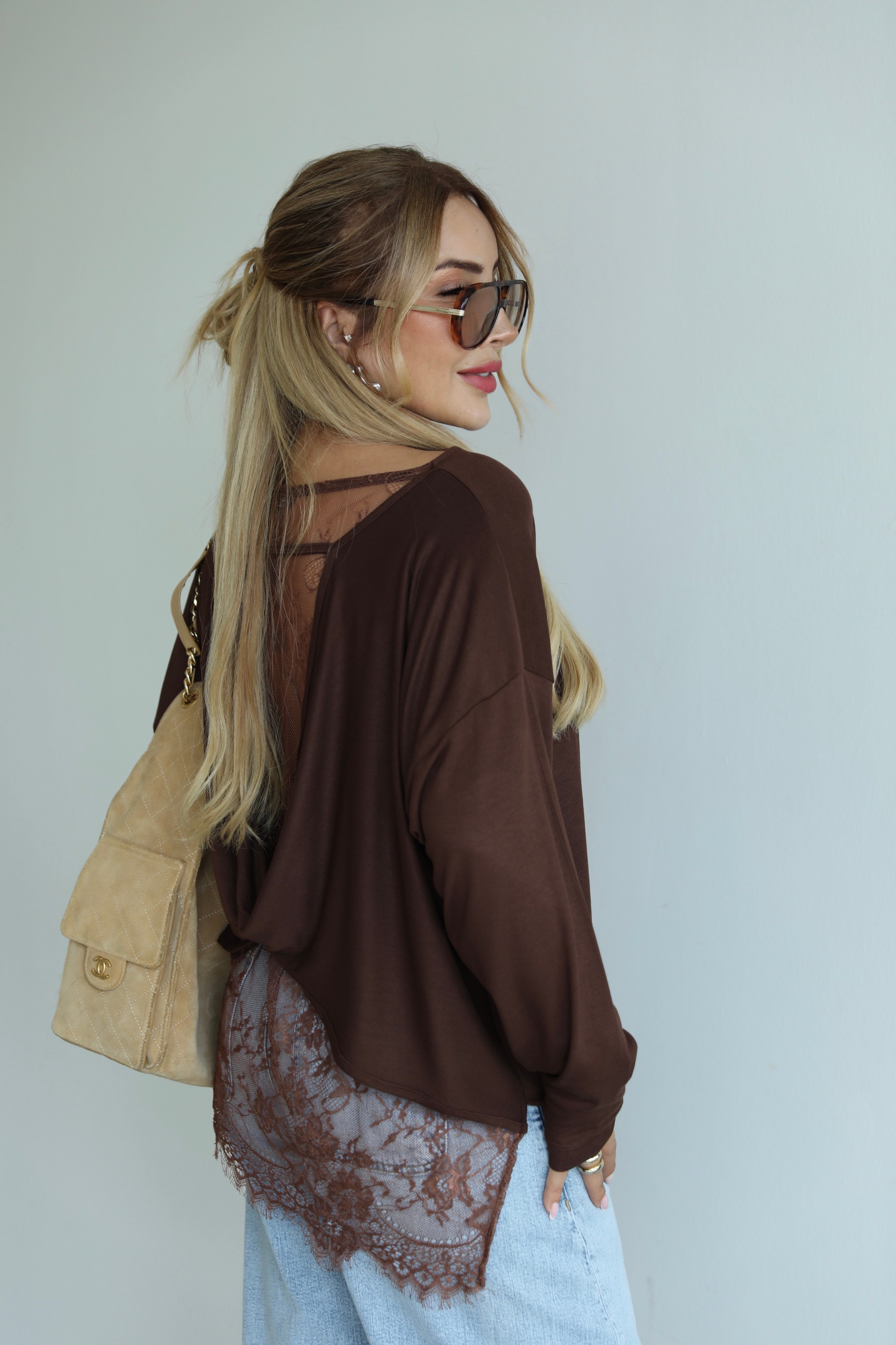Kahve Sırt Dantelli Oversize Triko Bluz