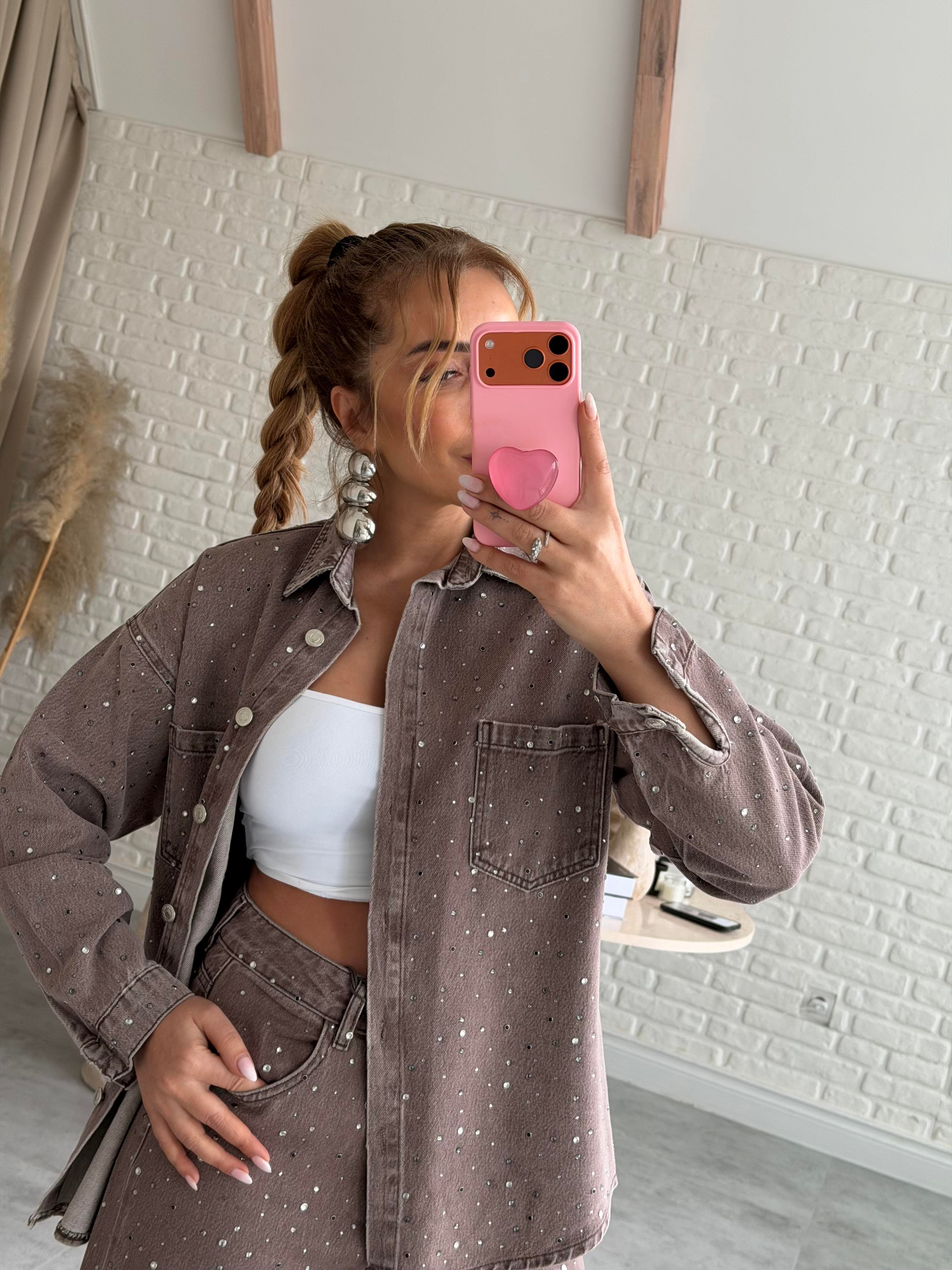 Kahve Taşlı Denim Gömlek
