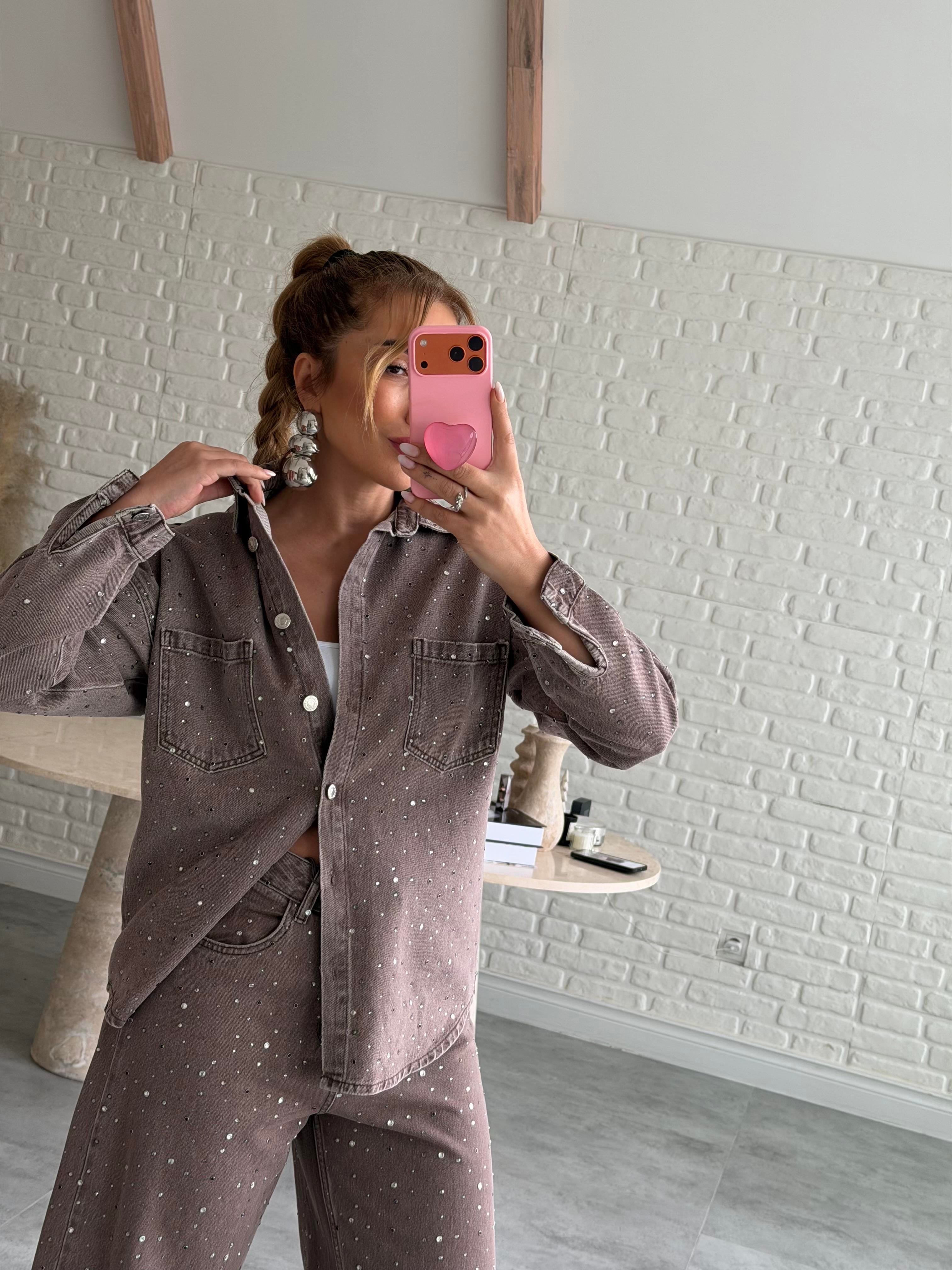 Kahve Taşlı Denim Gömlek