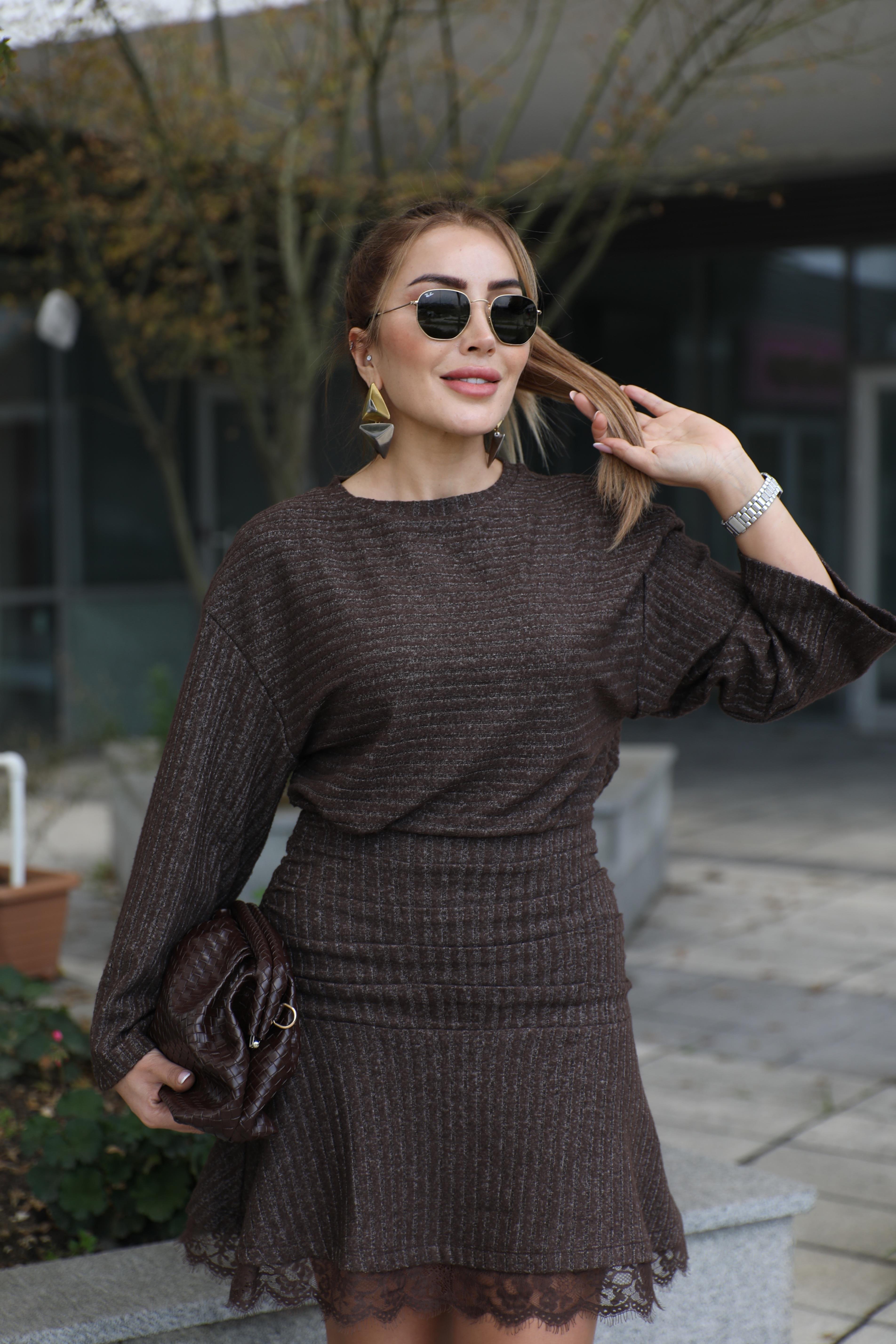 Kahve Triko Drapeli Elbise 