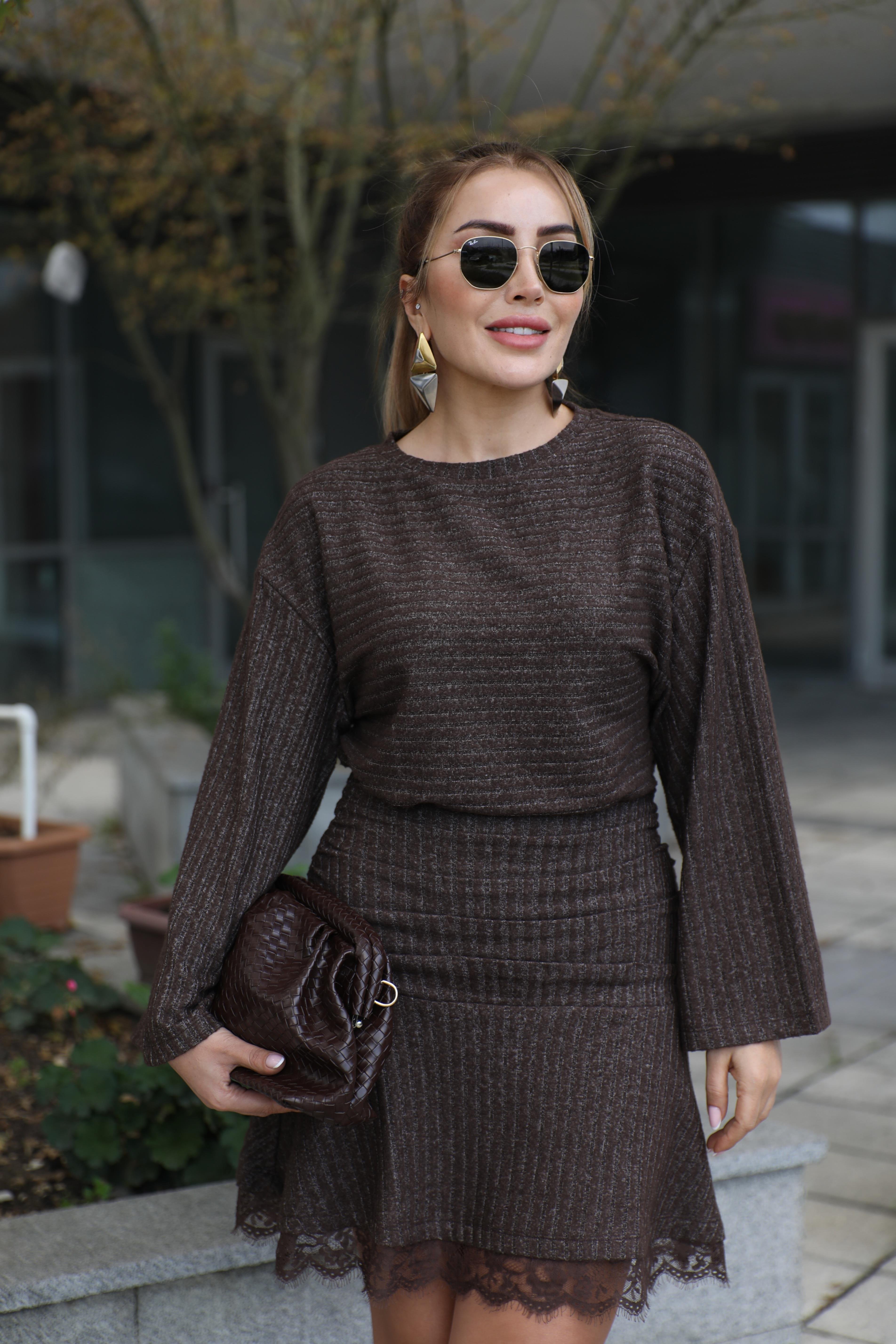 Kahve Triko Drapeli Elbise 