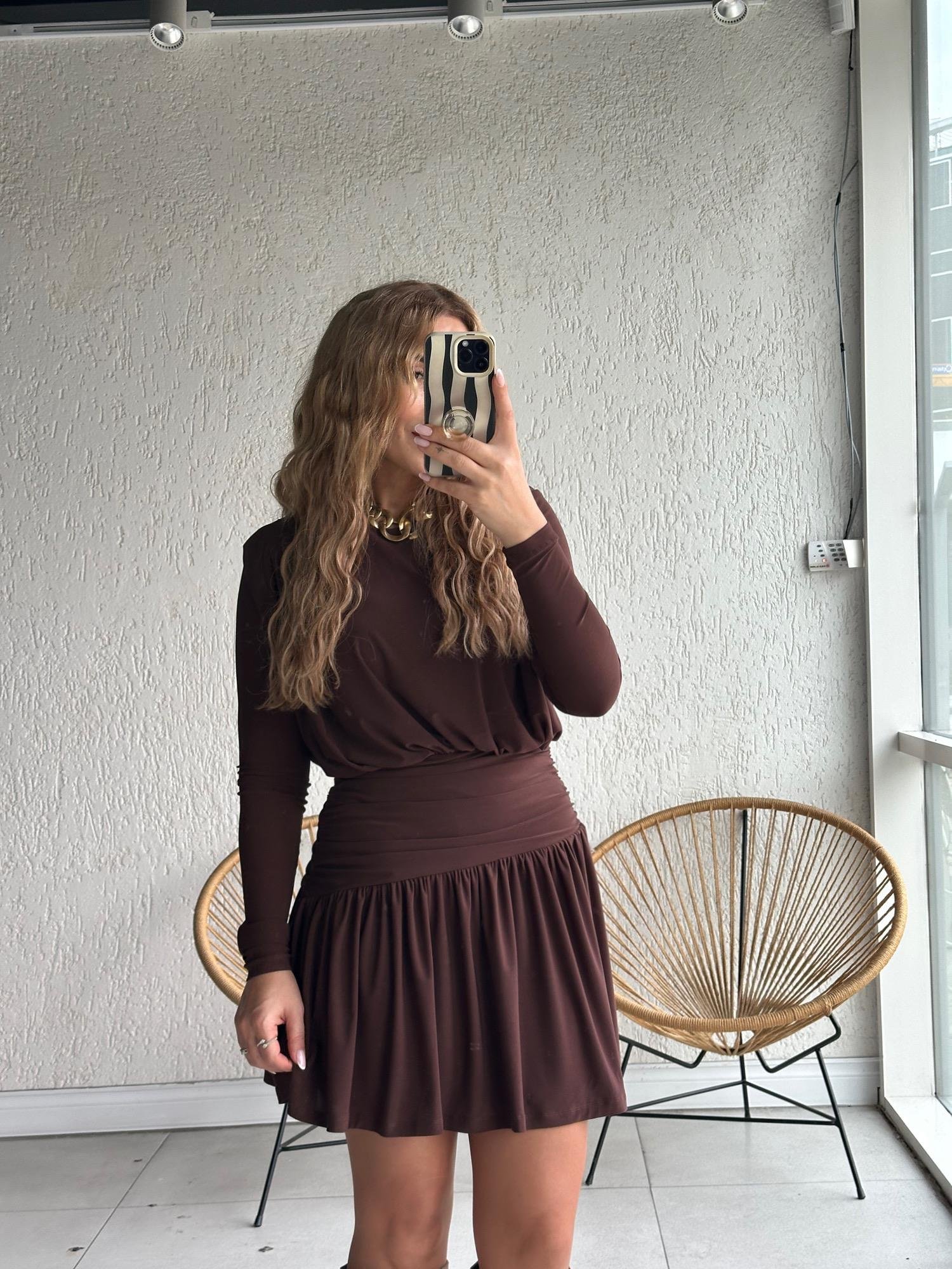 Kahve Volanlı Sandy Elbise