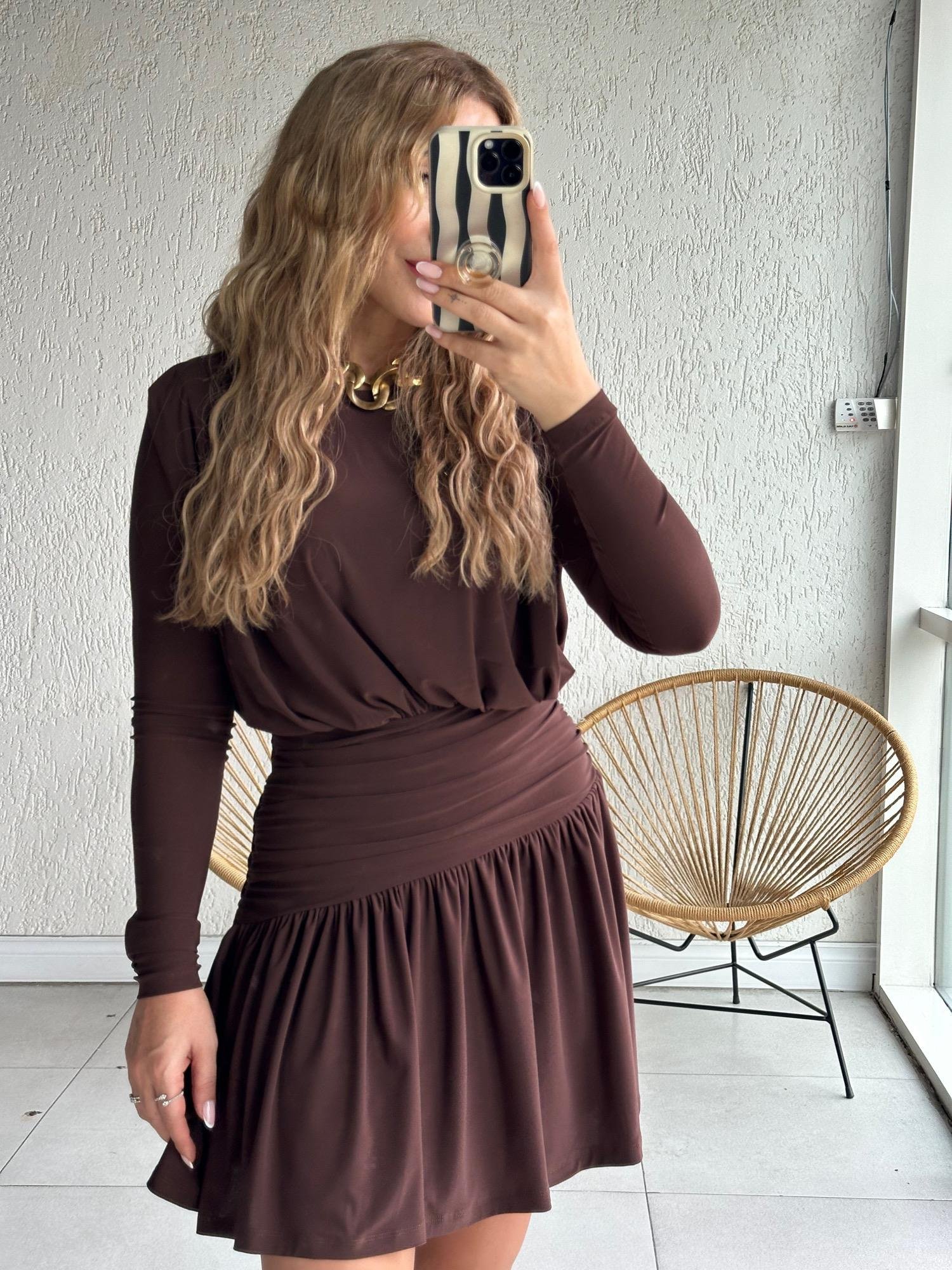 Kahve Volanlı Sandy Elbise