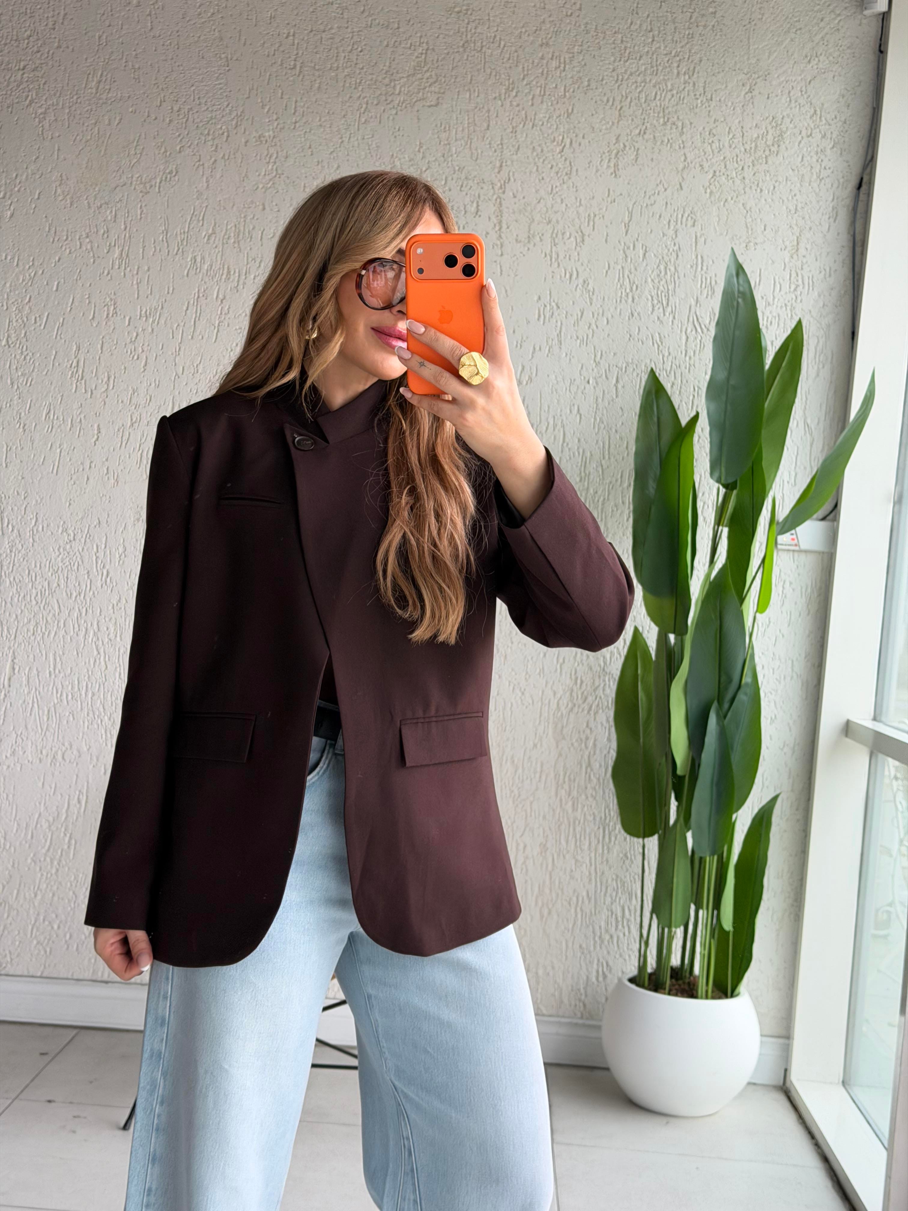 Kahve Yaka Tek Düğme Blazer Ceket