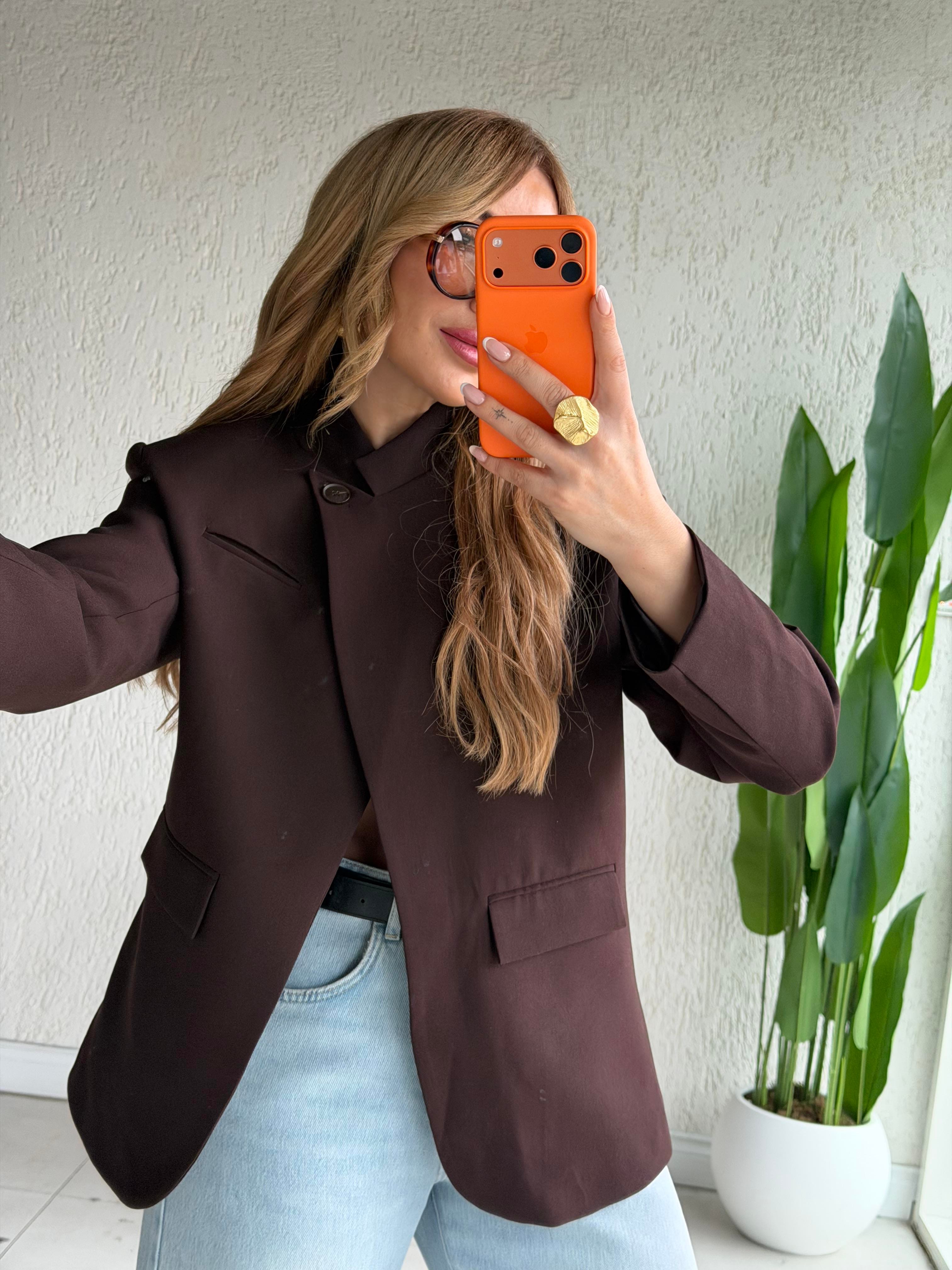 Kahve Yaka Tek Düğme Blazer Ceket