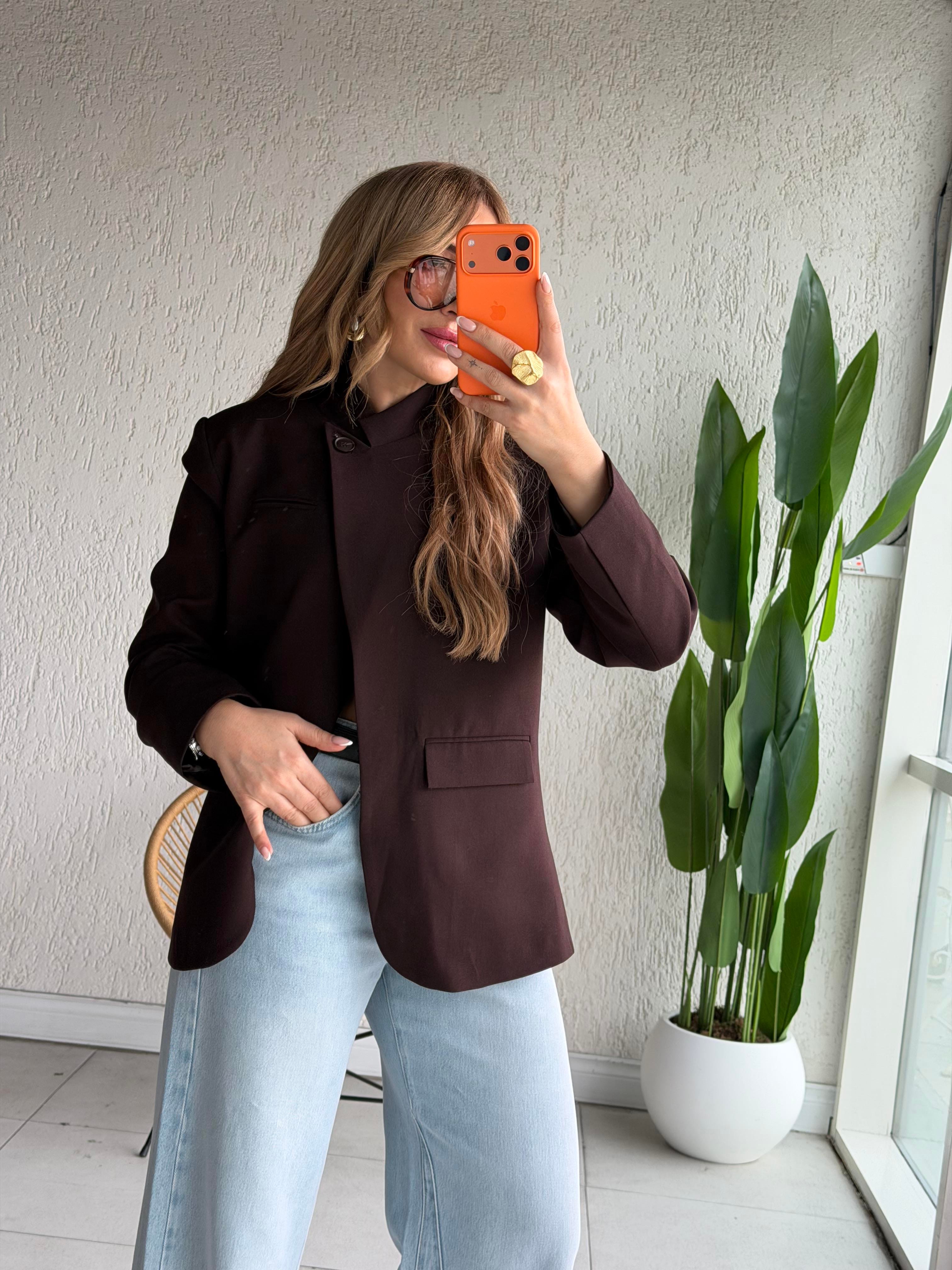 Kahve Yaka Tek Düğme Blazer Ceket