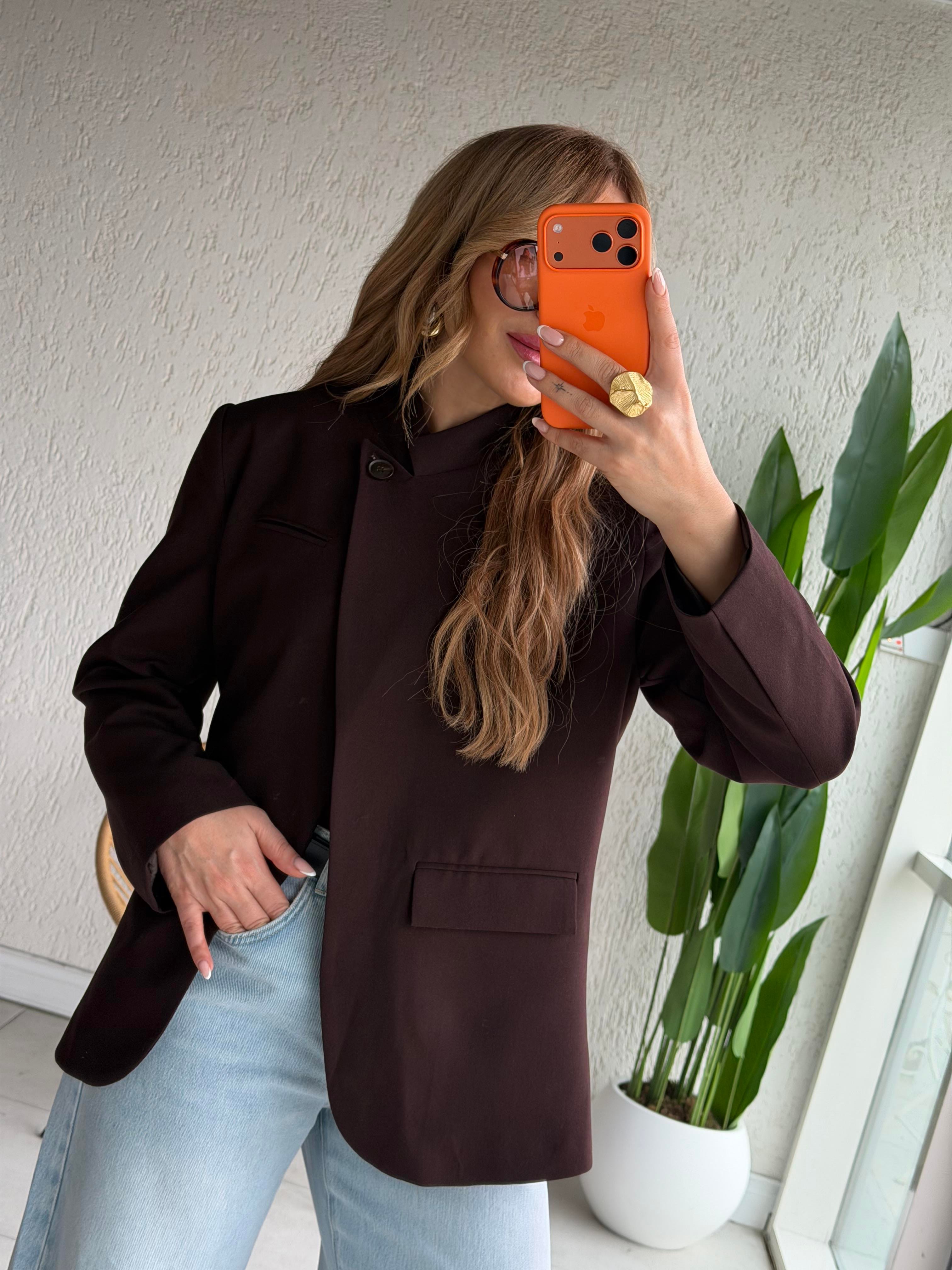 Kahve Yaka Tek Düğme Blazer Ceket